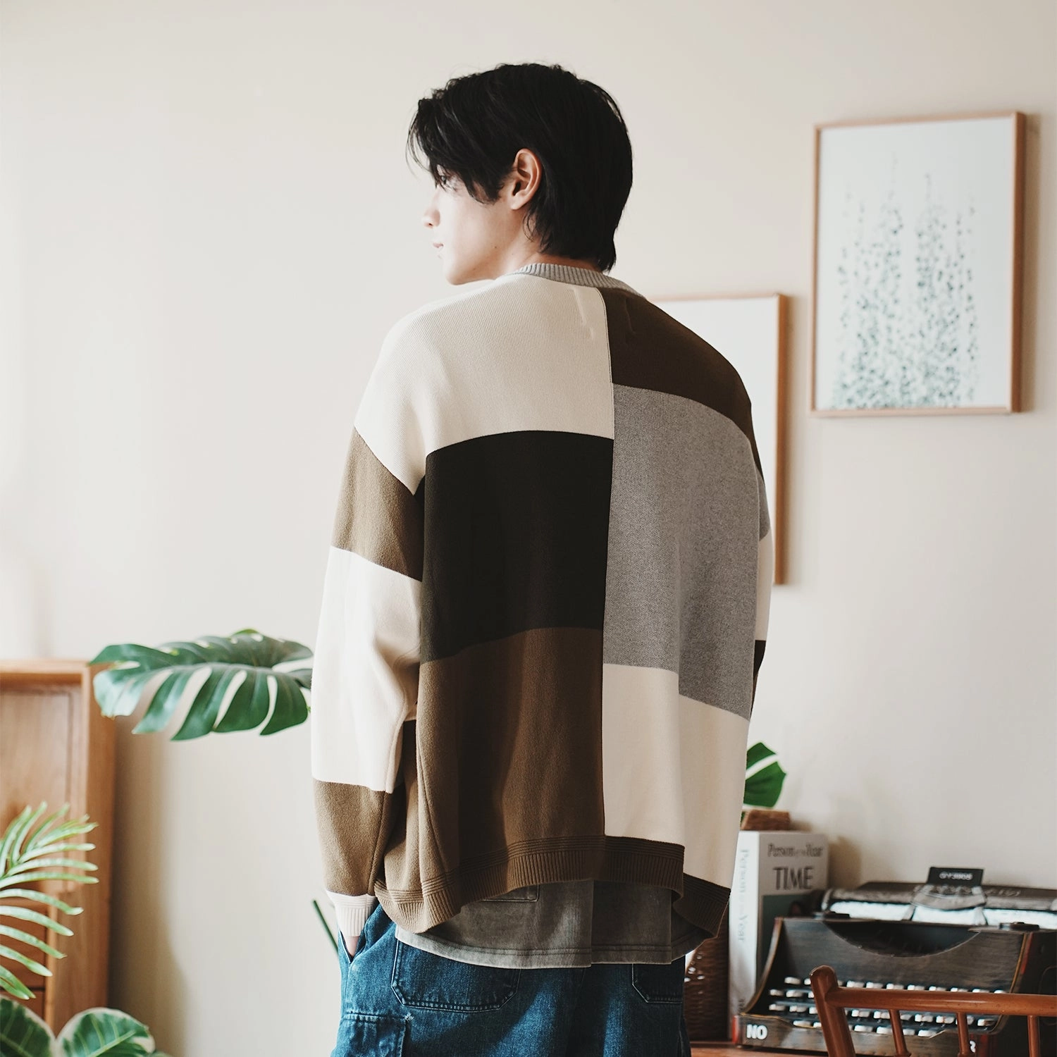 Tear Resistant Fabric Blends Comfortable Feel (CD095) Colorblock Cardigan Low Bulk Design