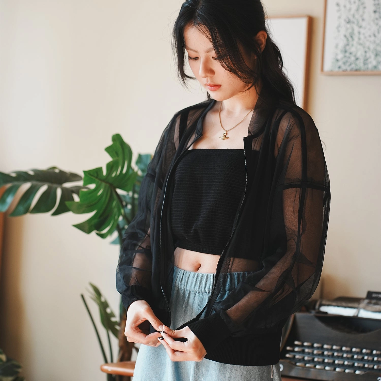 (JK375) See Through Layered Jacket Adjustable Waist Tabs Versatile Design Ergonomic Shoulder Design