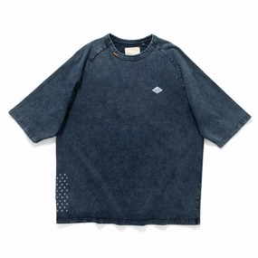 (TP1601) Indigo Washed Sashiko Crop Sleeve Tee RibbedNeckBanding Premium Cotton Blend