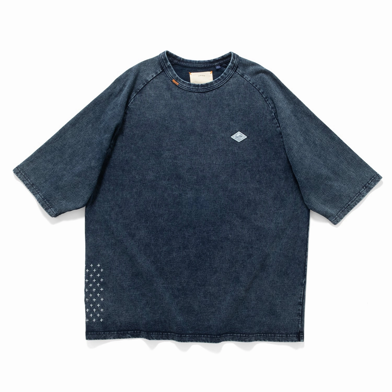 (TP1601) Indigo Washed Sashiko Crop Sleeve Tee School spirit