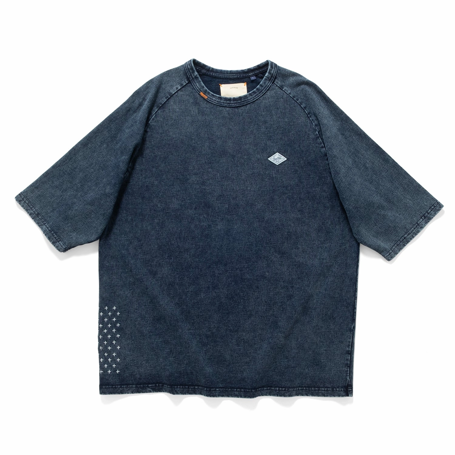 Oversized Fit Basic Wear (TP1601) Indigo Washed Sashiko Crop Sleeve Tee