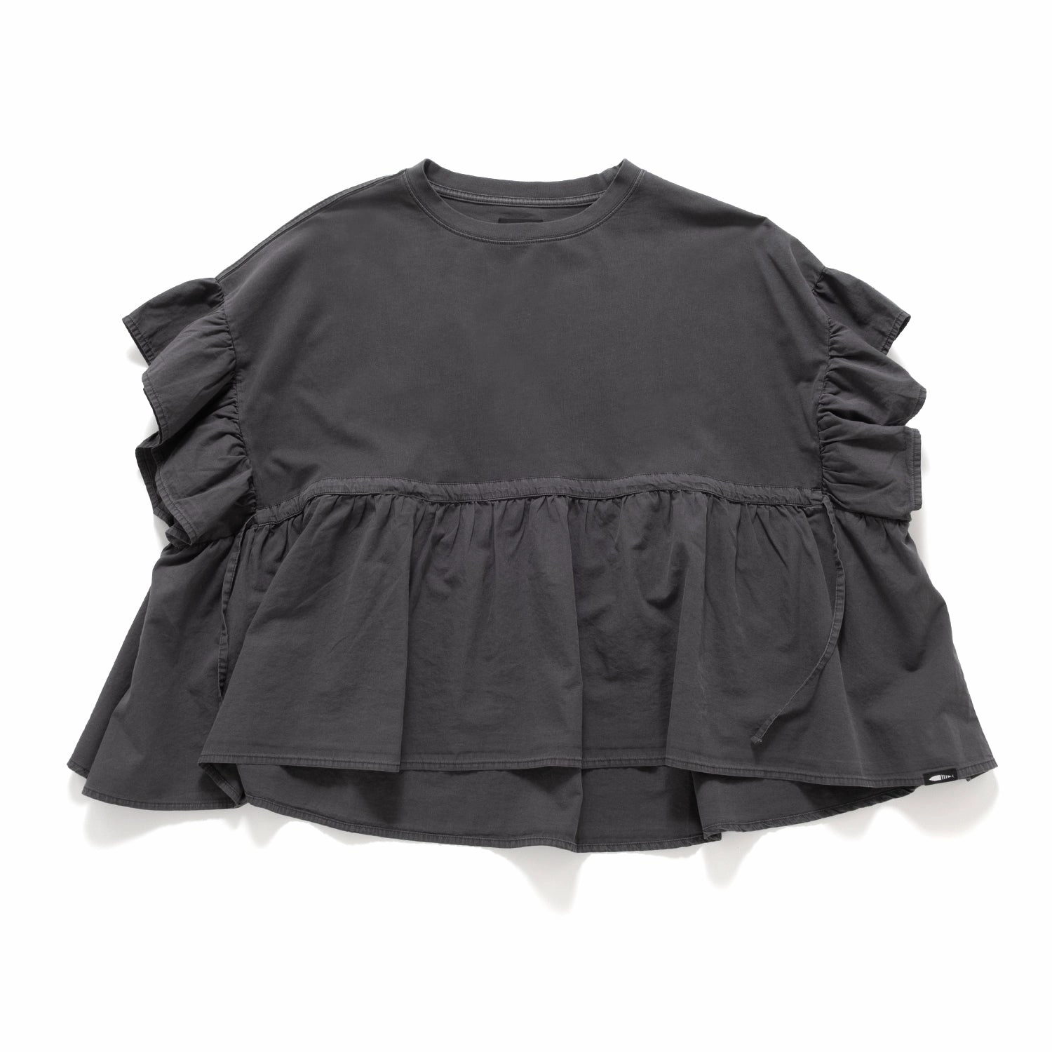 (TP1634) Garment Dye Wash Ruffles Top Minimalist Style Ribbed collar