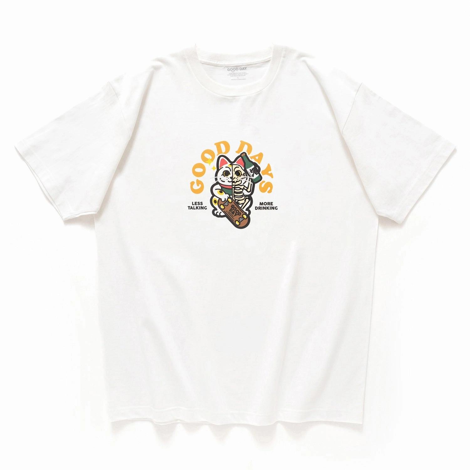 (ZT1295) Lucky Skater Cat Graphic Embroidery Tee Drip Dry Fabric