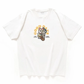 (ZT1295) Lucky Skater Cat Graphic Embroidery Tee Fit For Comfort Layered Hem Detail