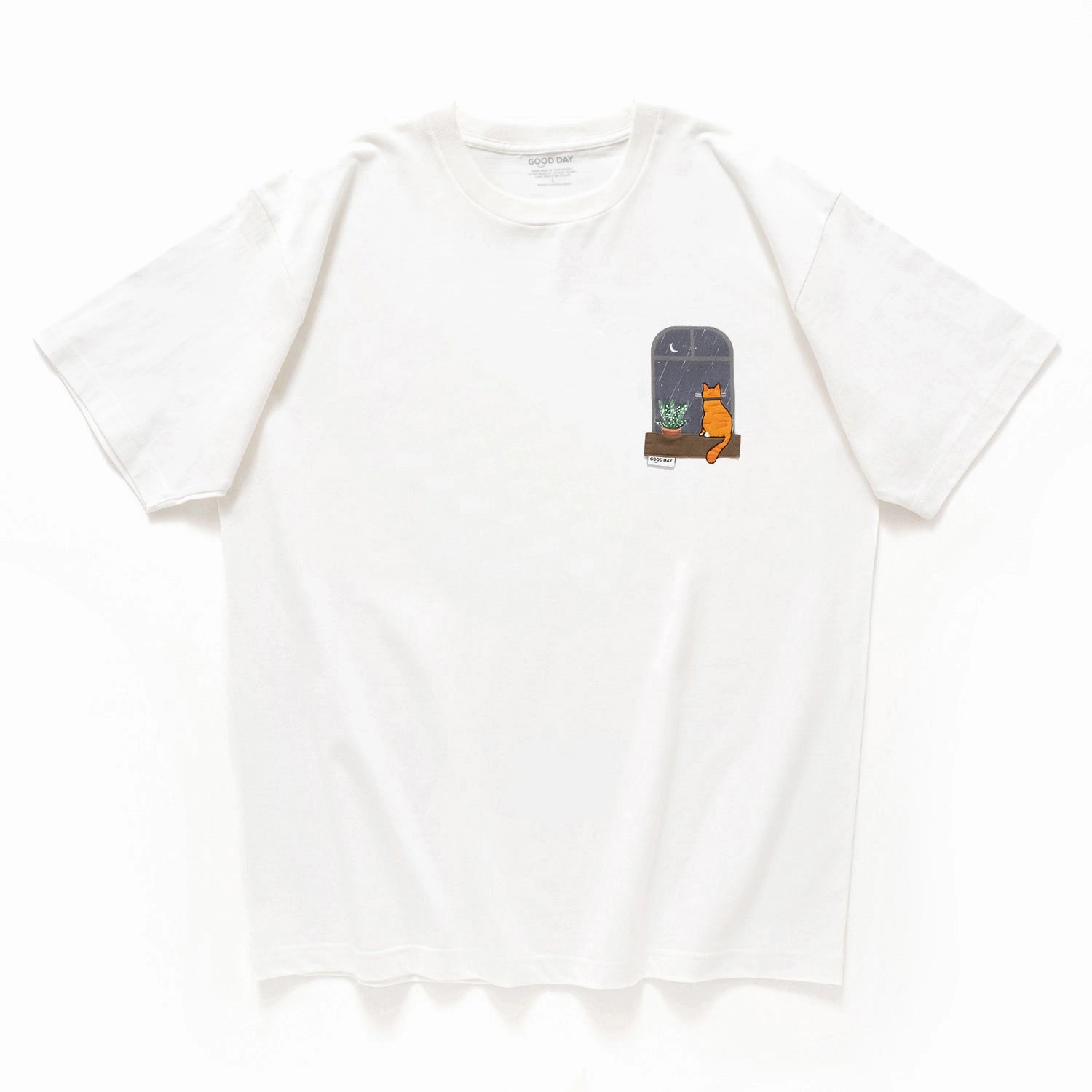 (ZT1412) Nightview Cat Embroidery Graphic Tee loose fitting Versatile Look