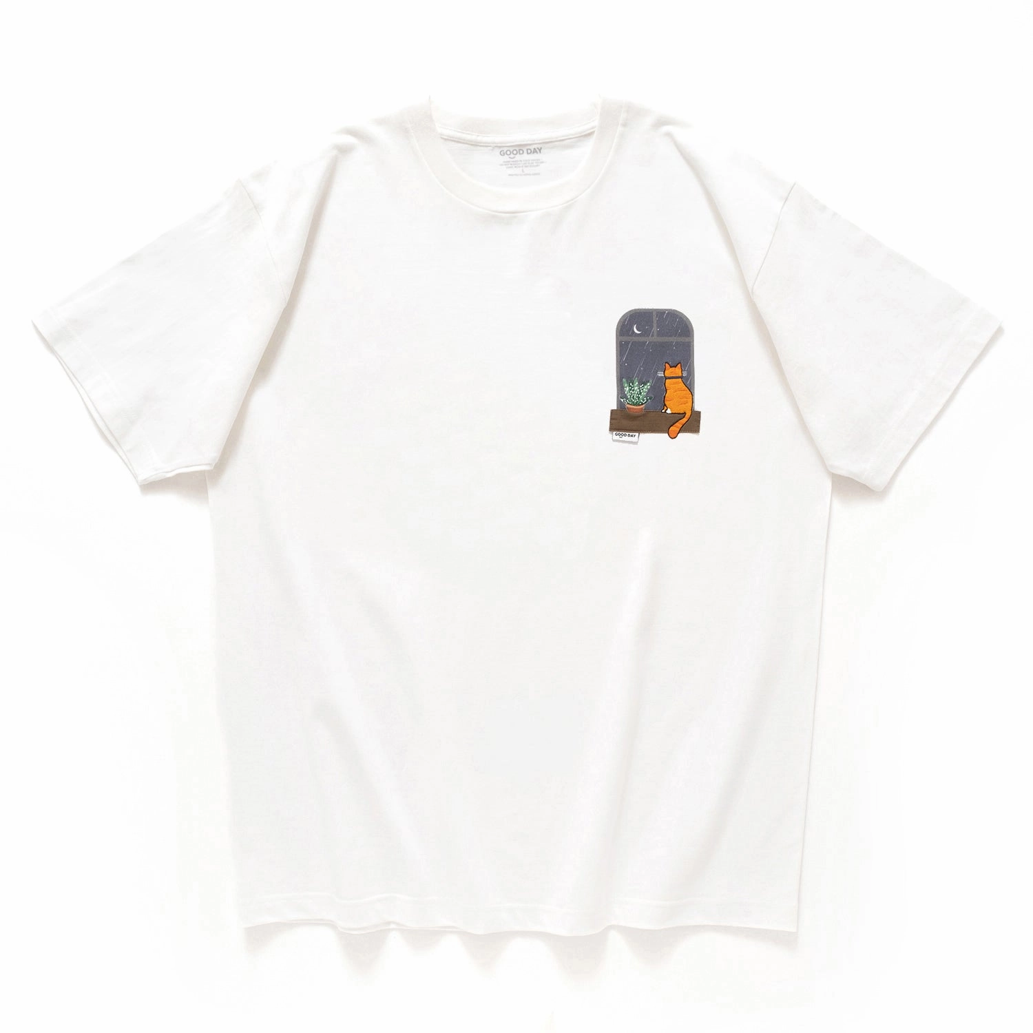 (ZT1412) Nightview Cat Embroidery Graphic Tee Comfortable Wear Anti Static Treatment