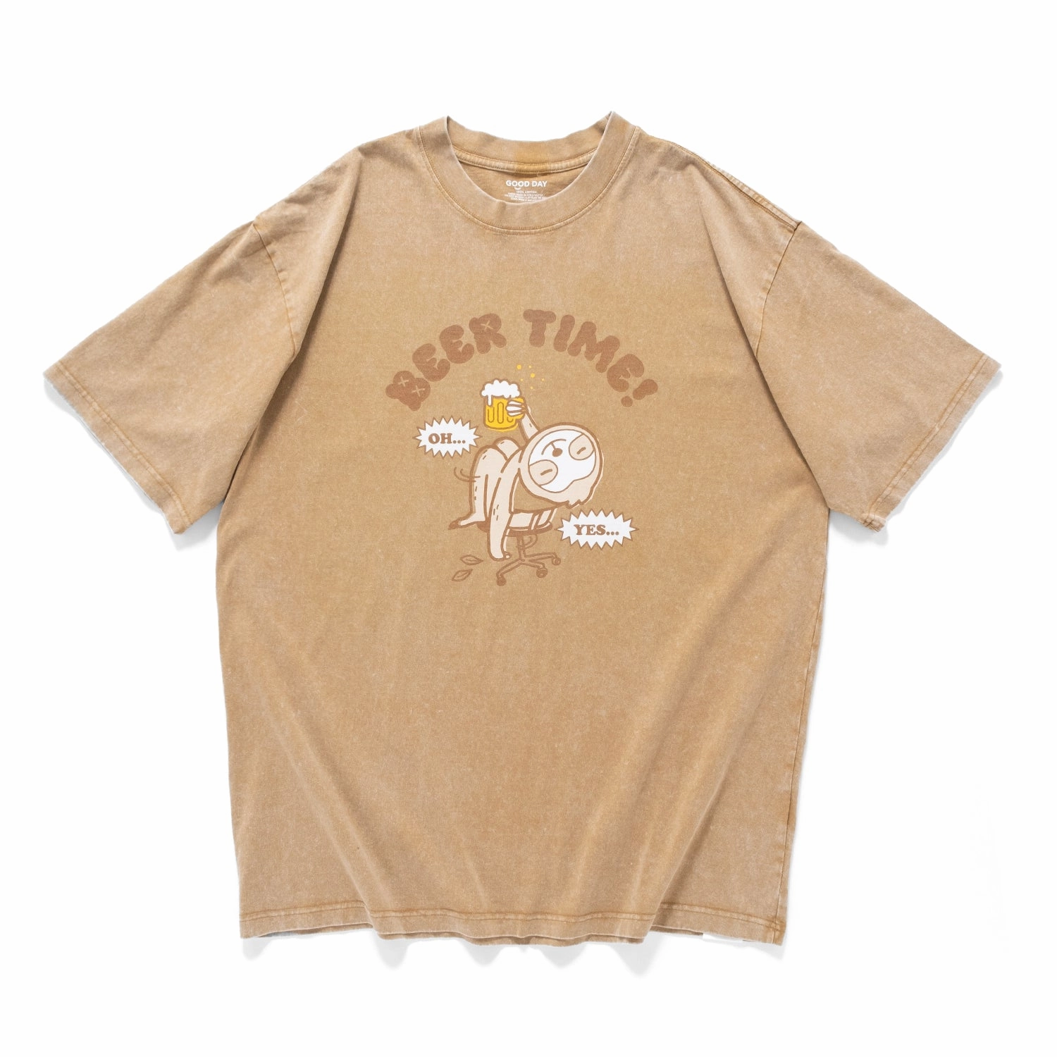 (ZT1624) Sloth Beer Graphic Washed Tee simple design Everyday Layering