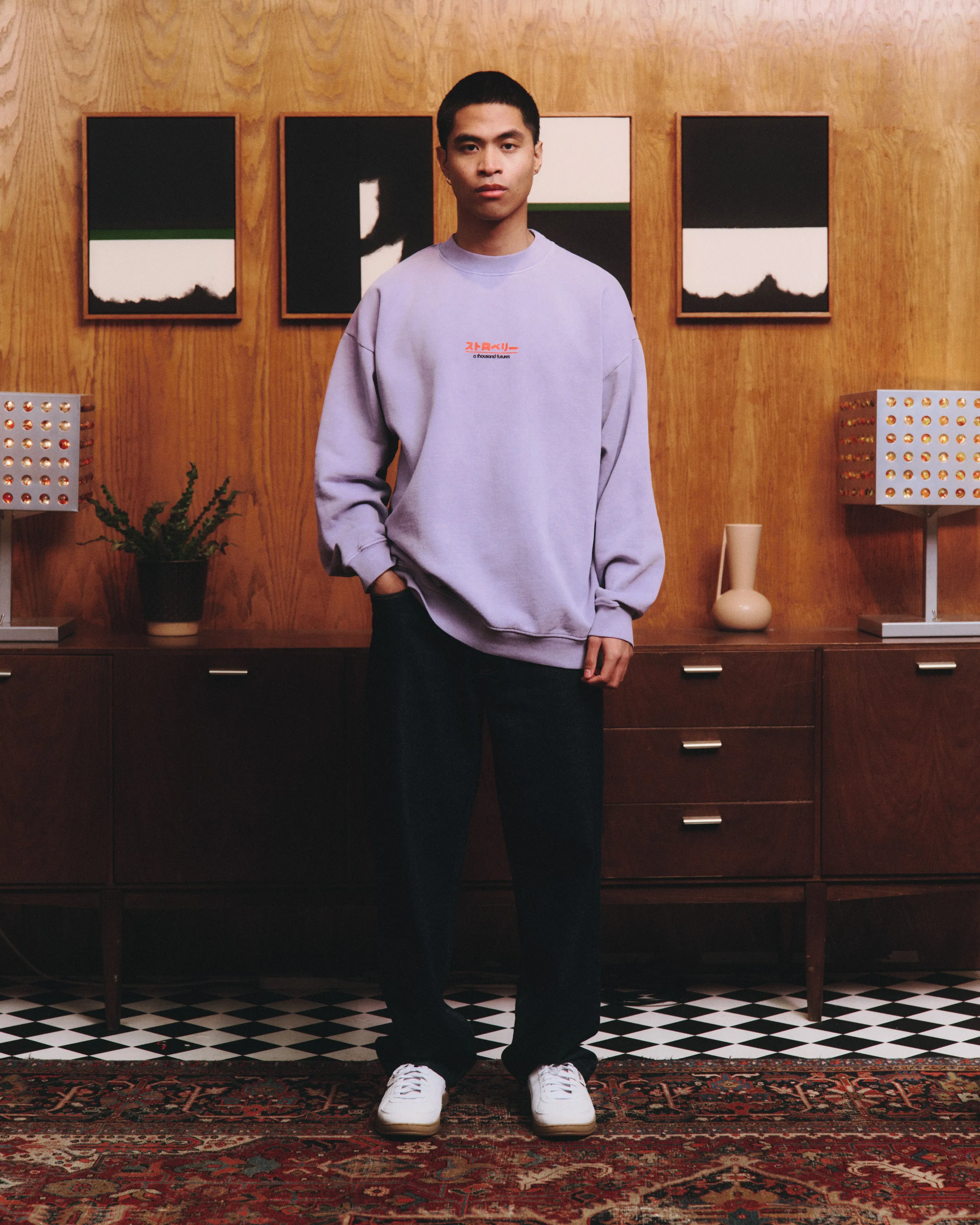 Curved Hemline Smart Layers A Thousand Futures x GK 'Strawberry' Vintage Washed Sweater - Lilac