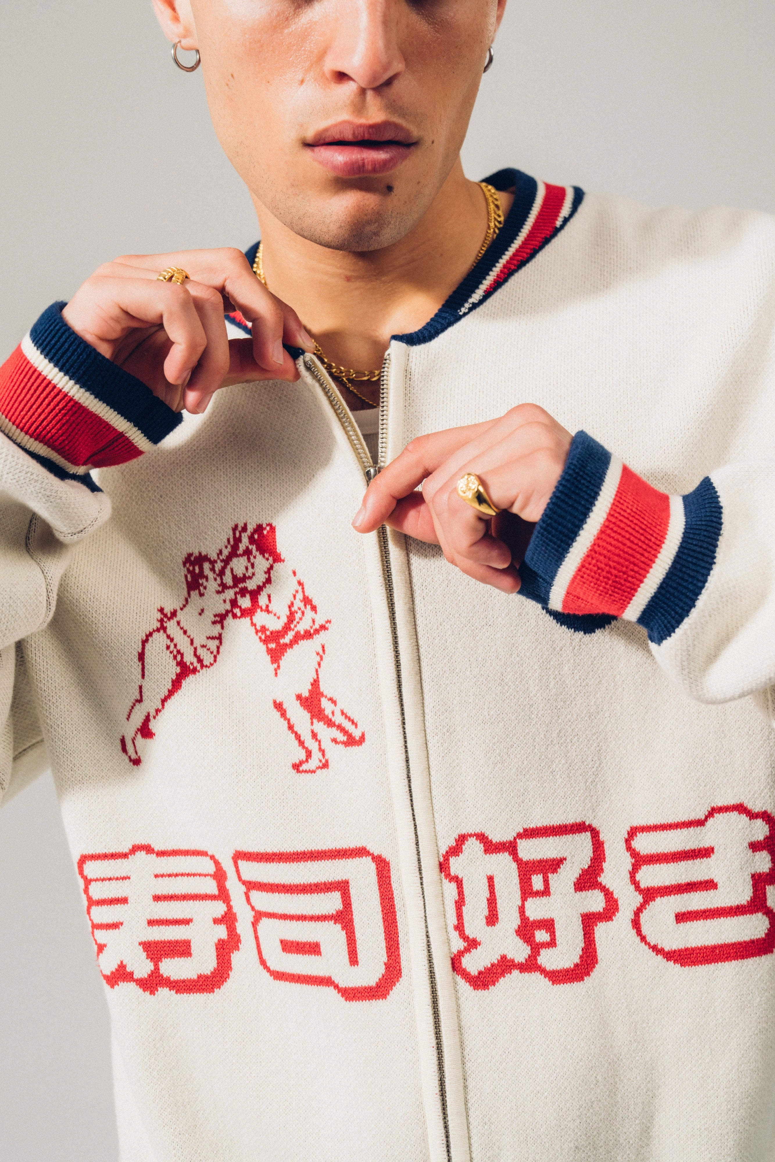 Seamless Edge Finishing A Thousand Futures 'Ritual' Knit Zip Bomber - Beige