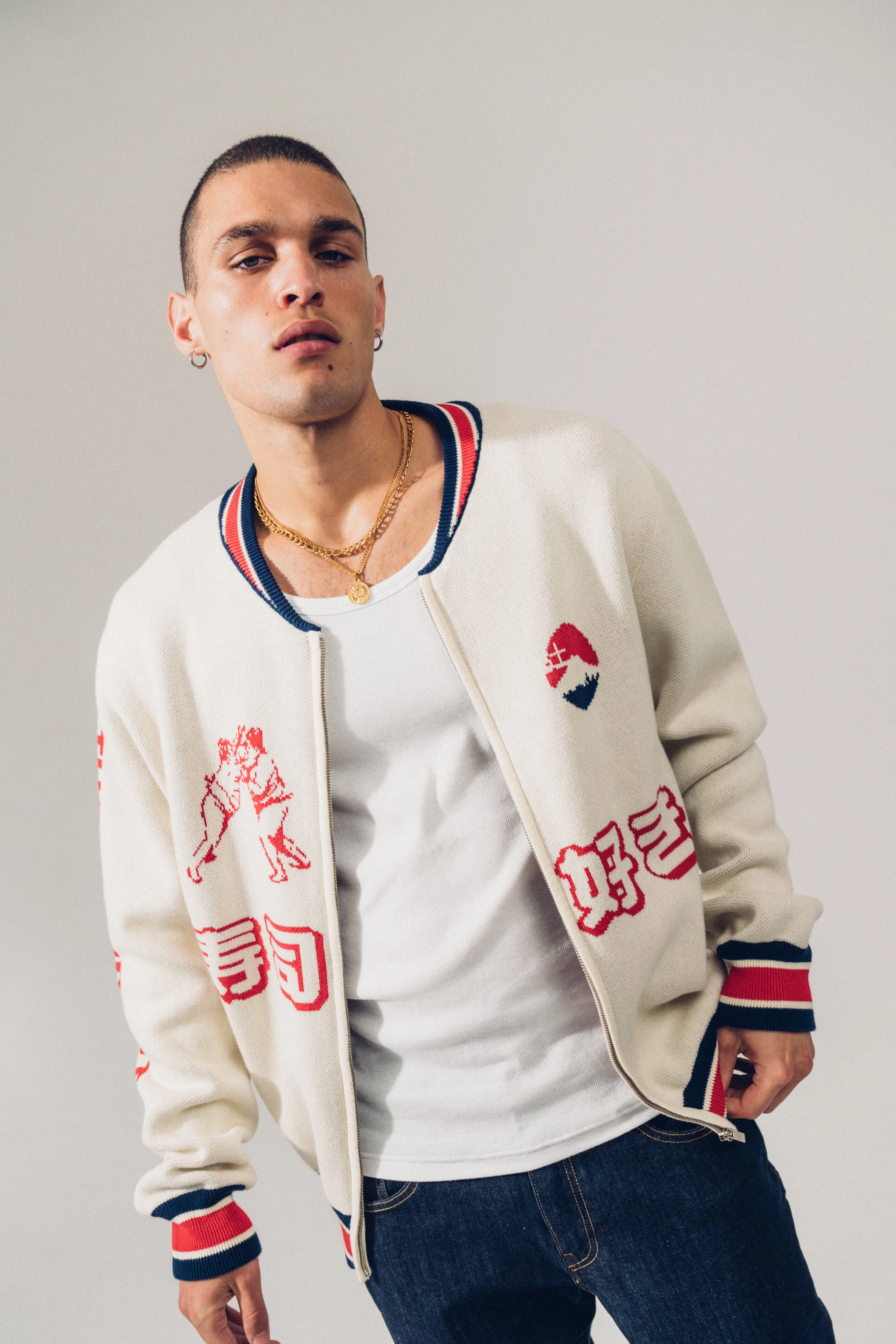 Non Bulky Design DoubleLayeredEdges A Thousand Futures 'Ritual' Knit Zip Bomber - Beige