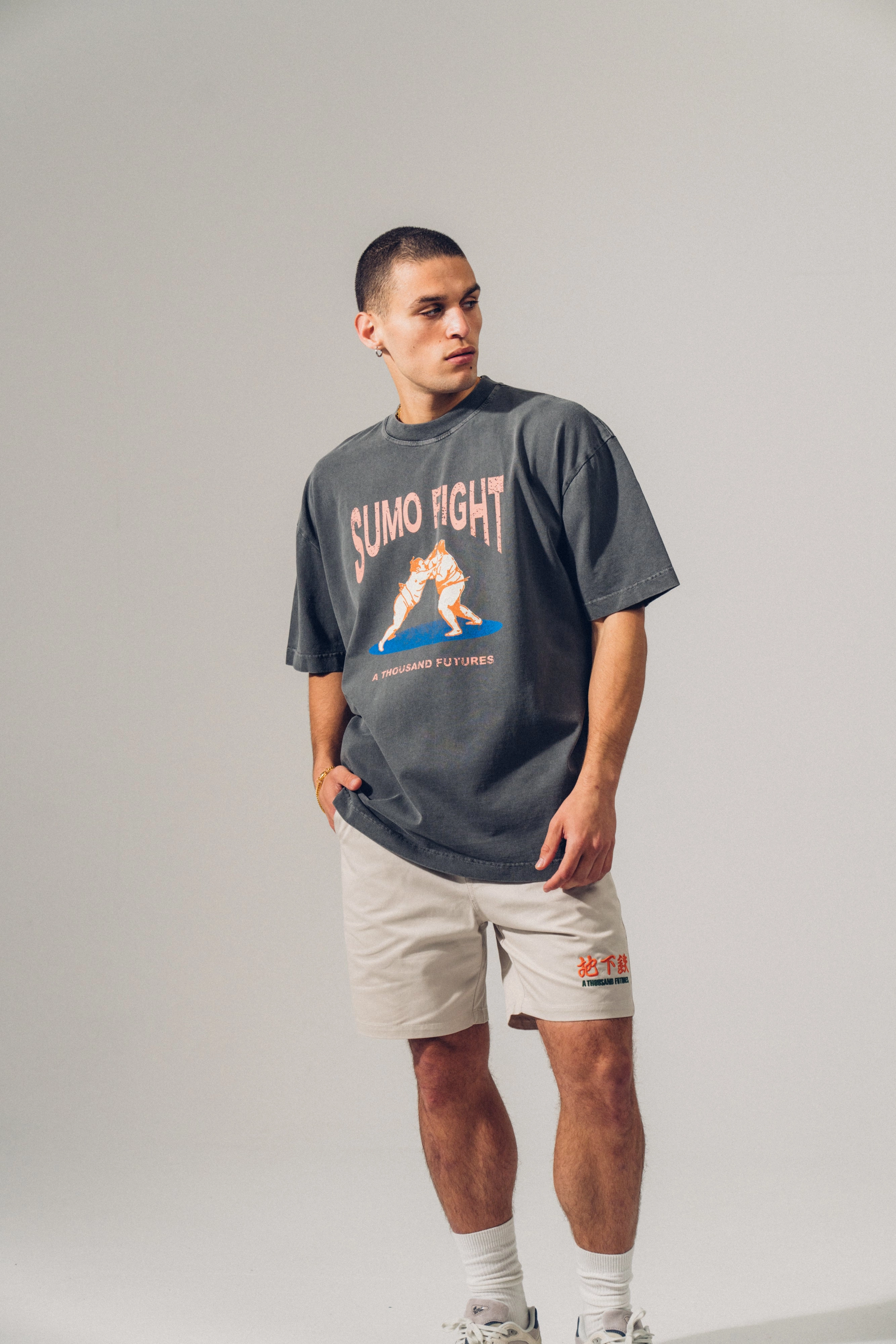 A Thousand Futures 'Sumo Fight' Vintage Washed Tee - Charcoal Animal print wildness
