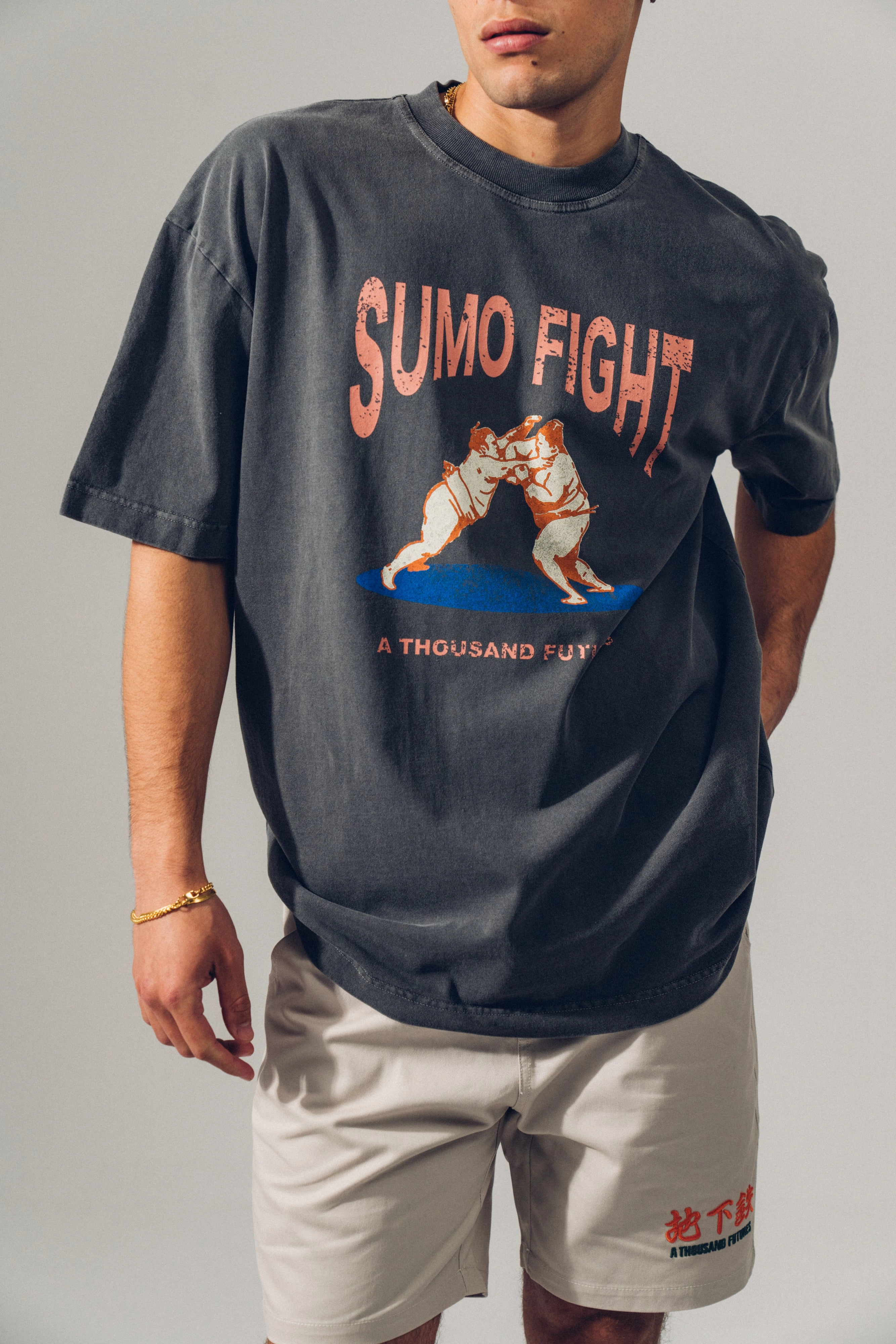 Affordable accessibility Cool Fit A Thousand Futures 'Sumo Fight' Vintage Washed Tee - Charcoal
