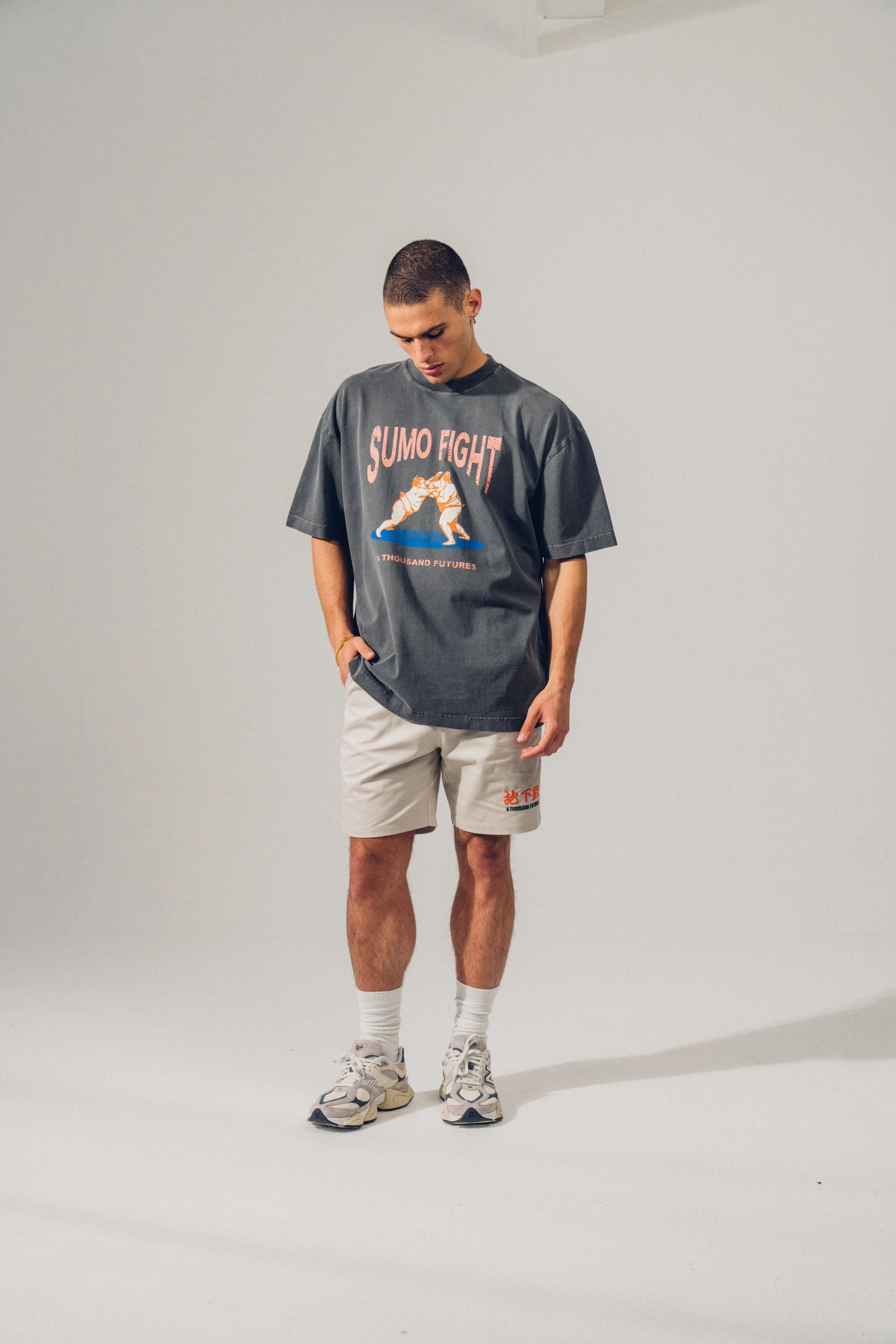 A Thousand Futures 'Sumo Fight' Vintage Washed Tee - Charcoal Collared formality Comfy Essentials