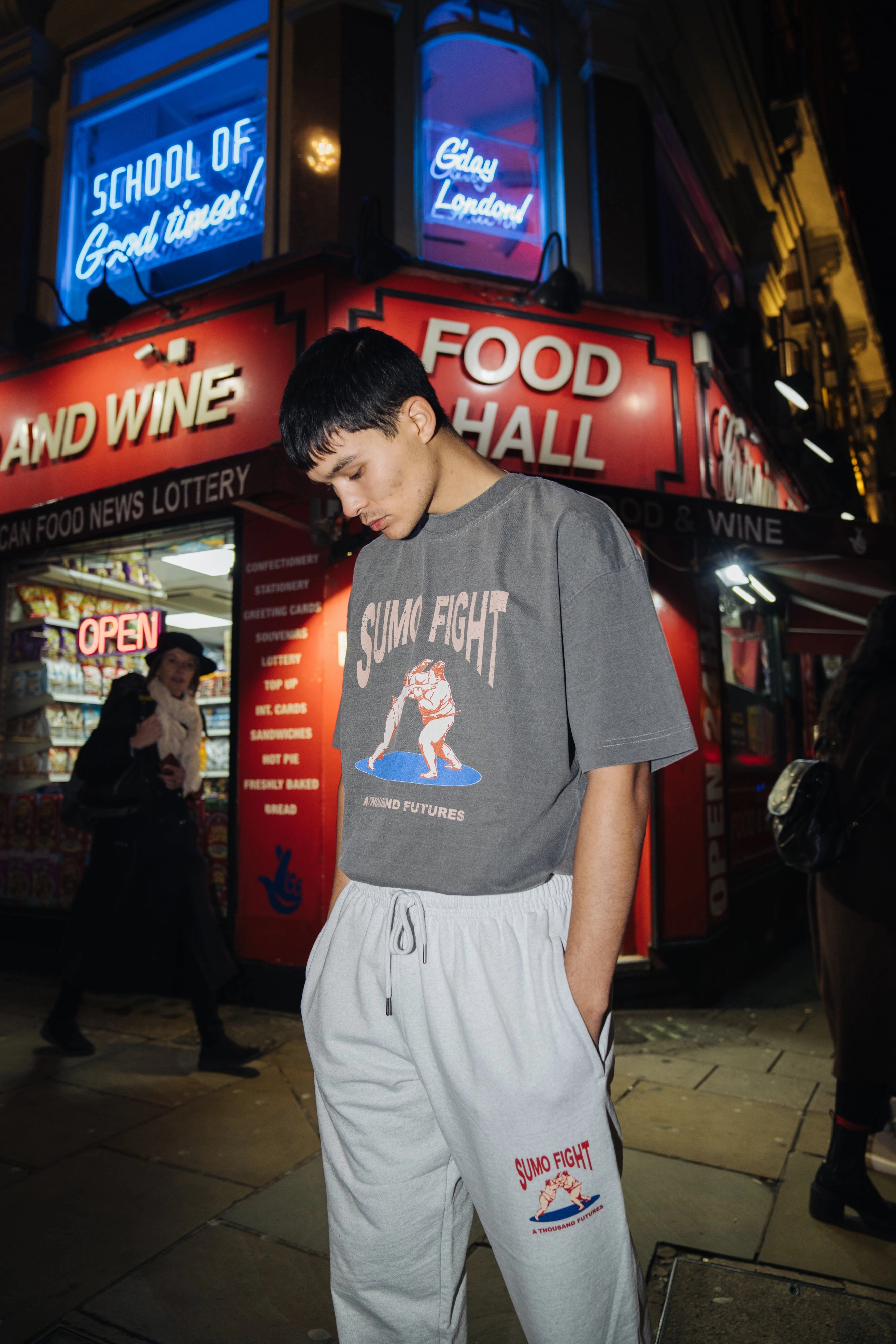 A Thousand Futures 'Sumo Fight' Vintage Washed Tee - Charcoal Airflow Ventilation Anti Odor Treatment