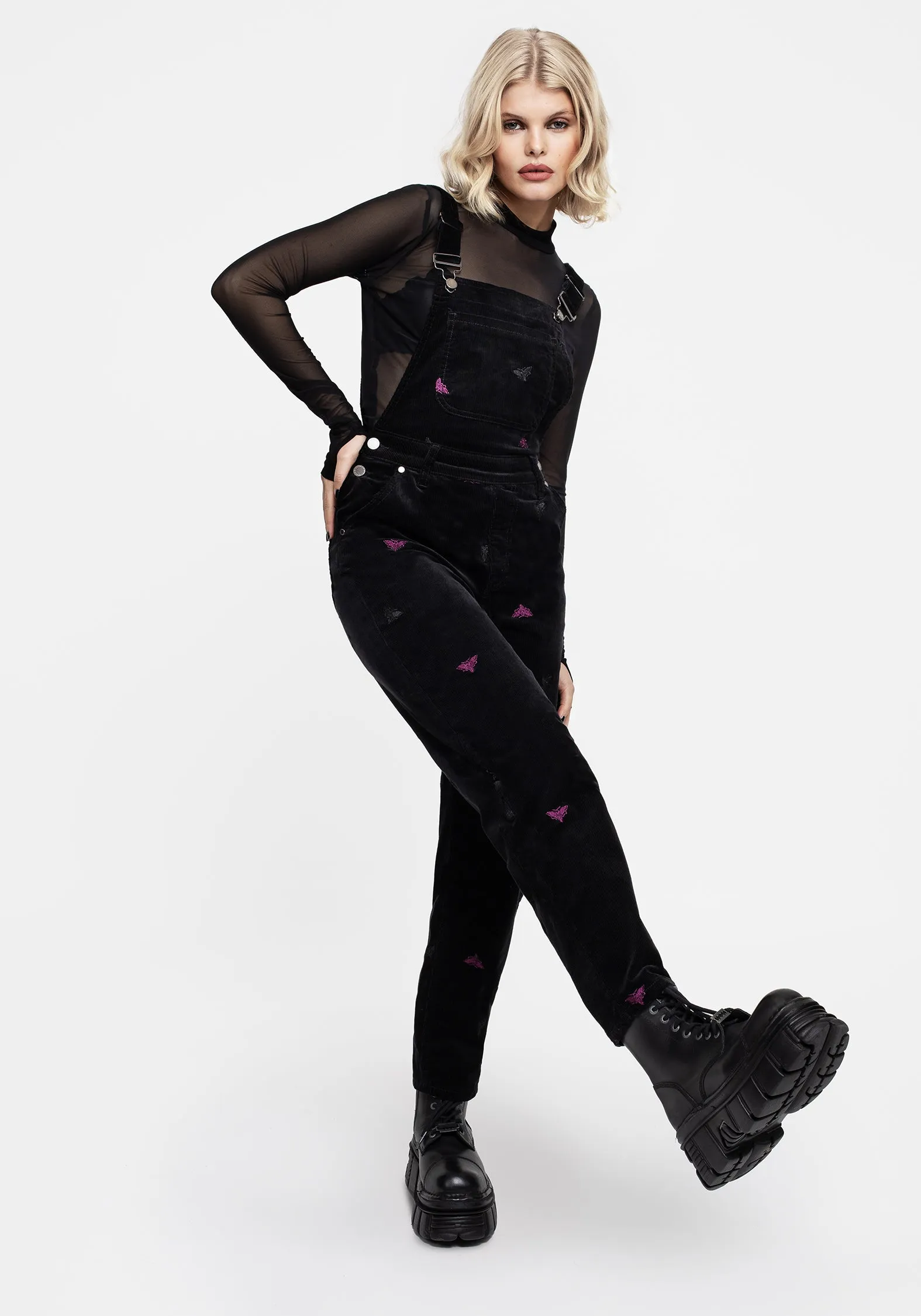 Styx Moth Embroidered Cord Balloon Leg Dungarees Raw edge ReinforcedSeams
