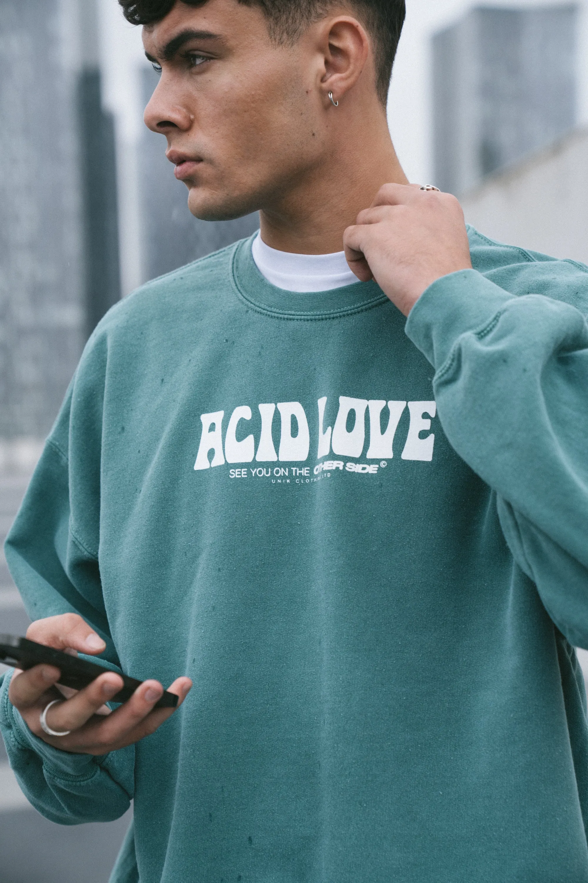 Biodegradable Fiber Options Cozy Fleece Acid Love 0.06 'Other Side' Sweatshirt - Vintage Washed Teal