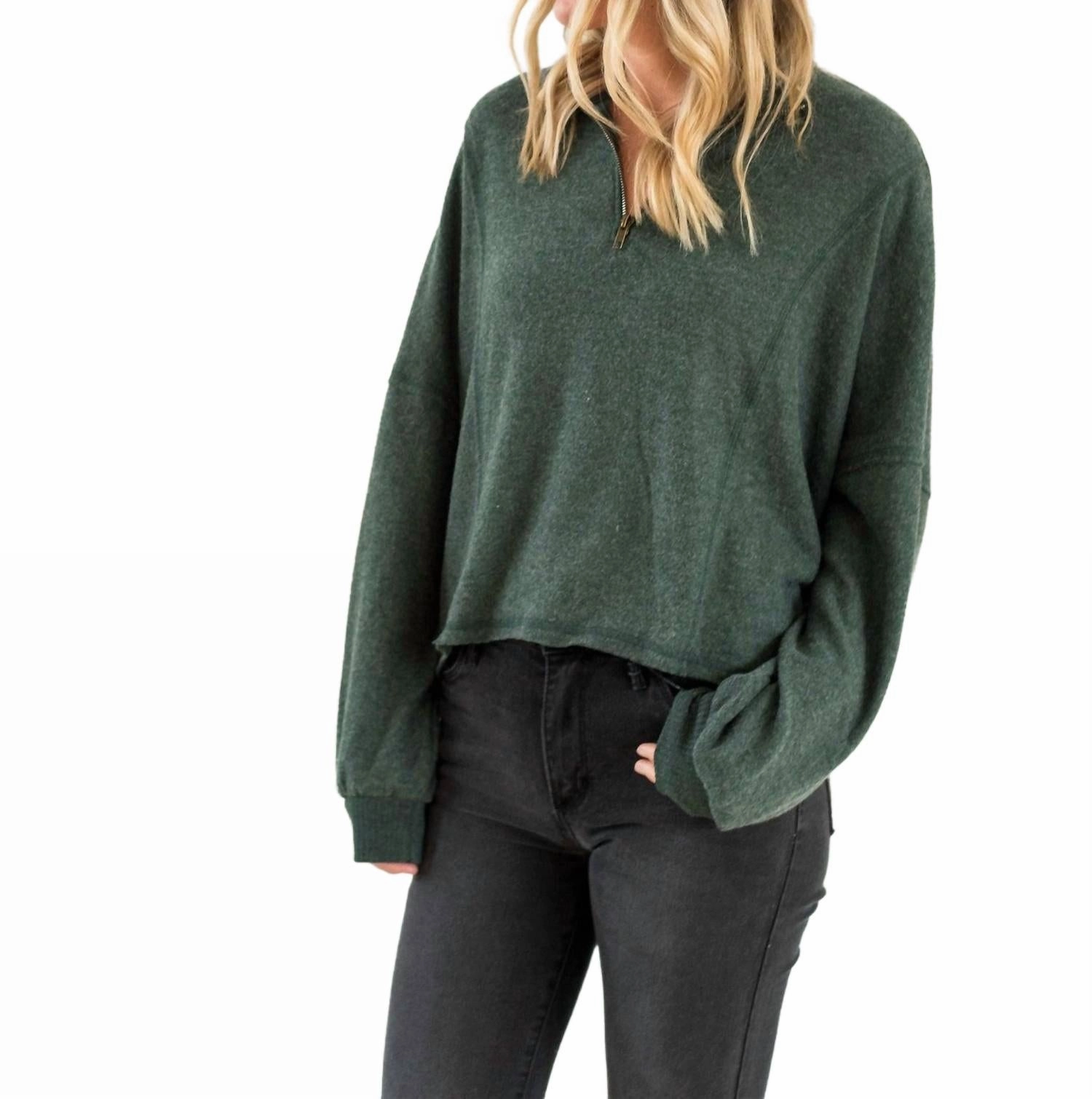 Ada Cozy Half Zip Pullover In Midnight Emerald Fashion Knit Layer
