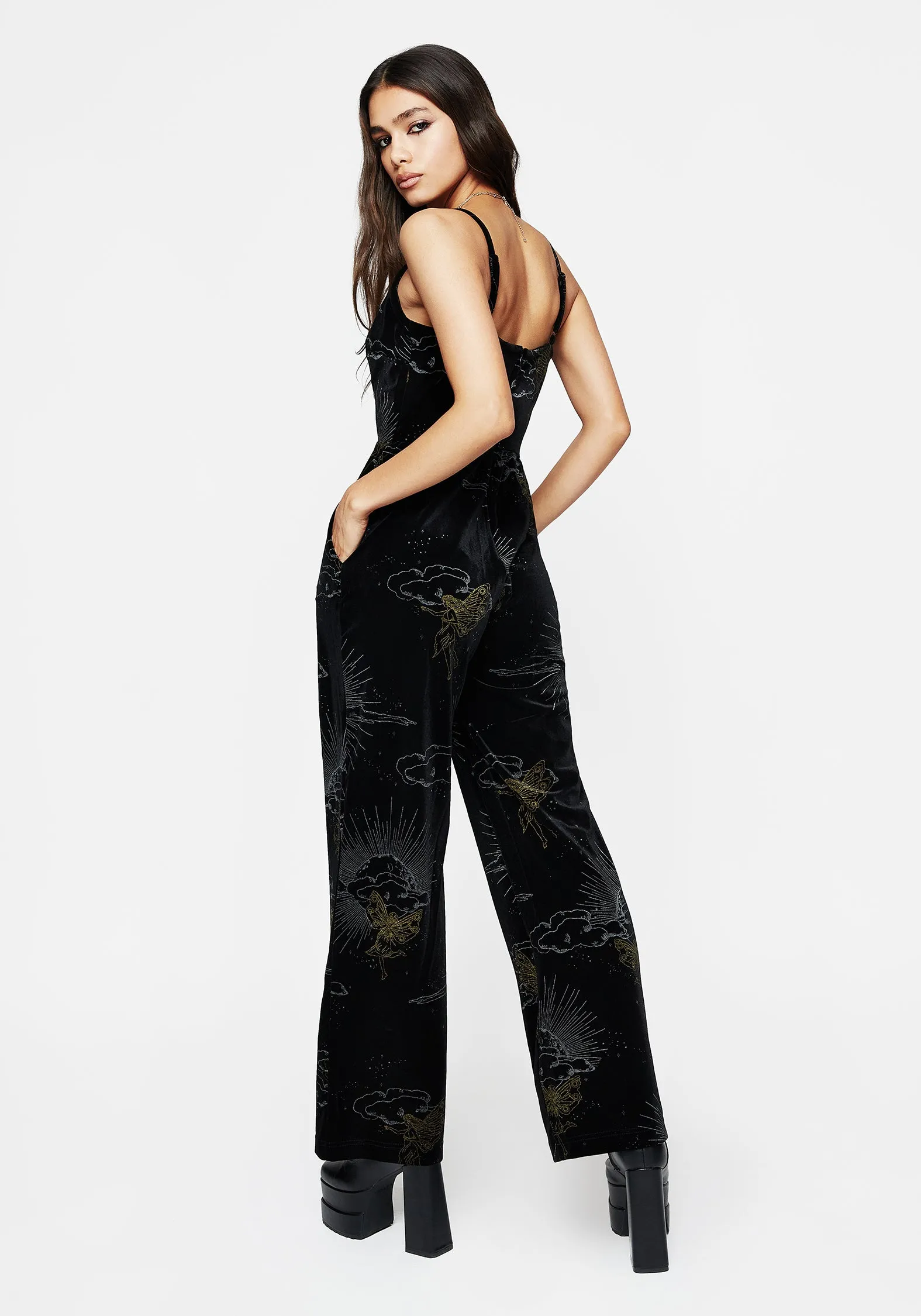 All Occasion AbrasionResistantPanels Adelina Foil Print Velour Cami Jumpsuit