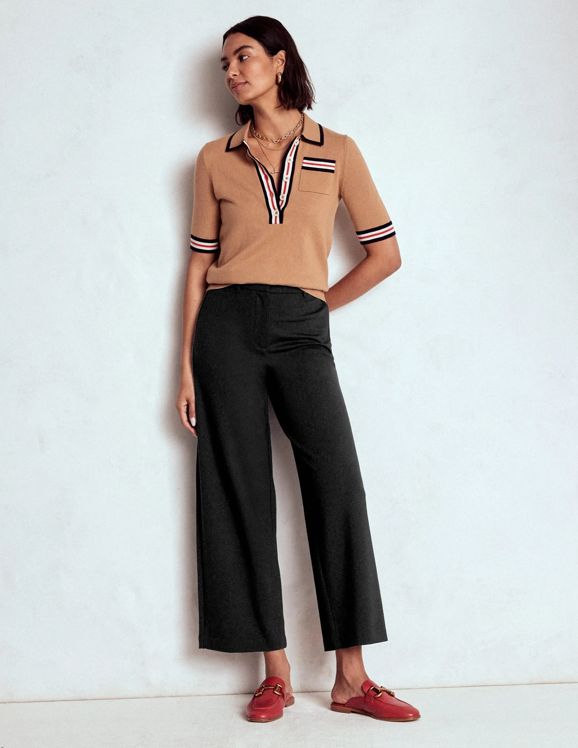 Fit Comfort Layered Style Belgravia Ponte Crop Trousers-BLACK