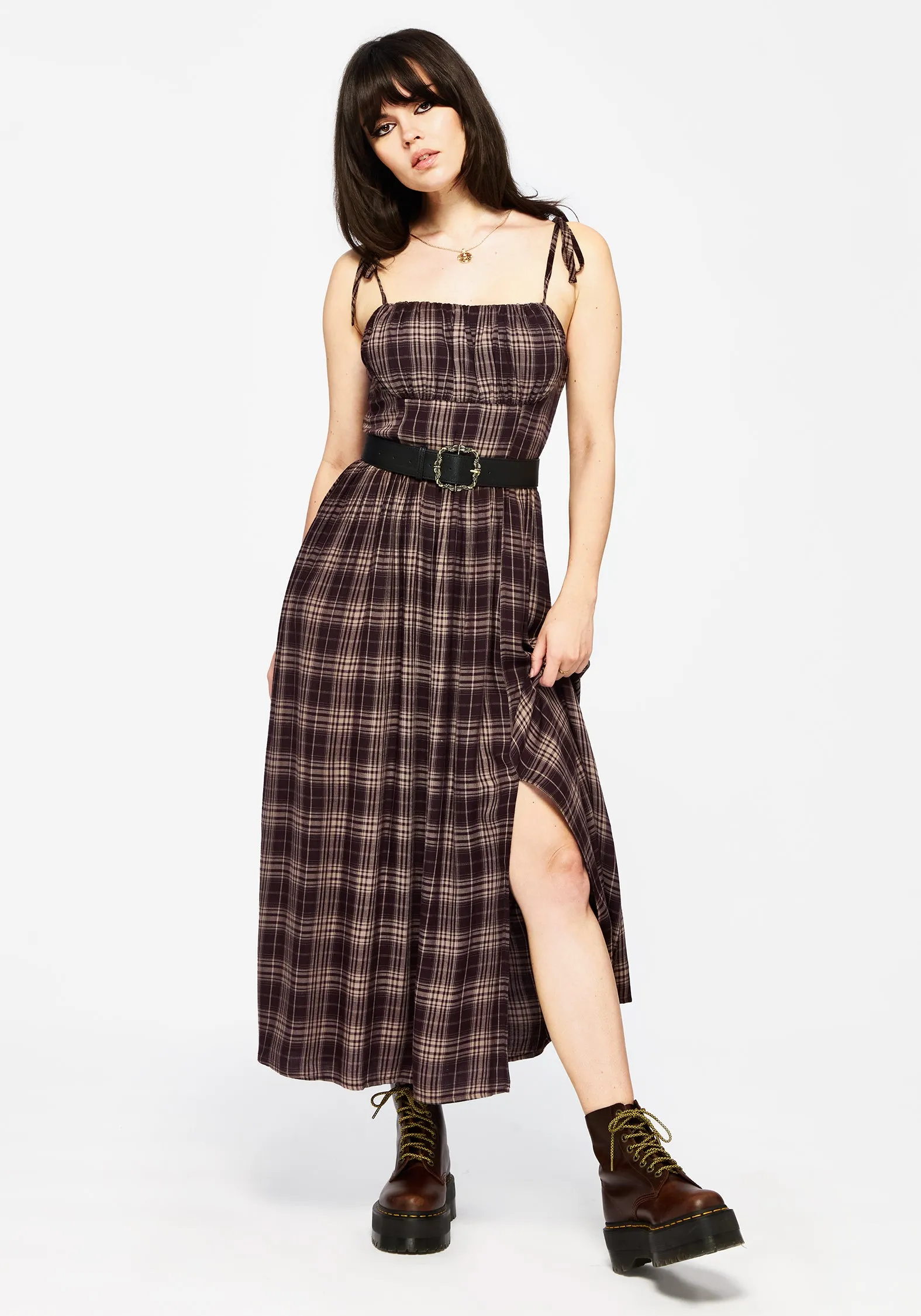 Casual day-to-night piece Dreamy Look Adra Check Cami Tie Strap Midi Dress