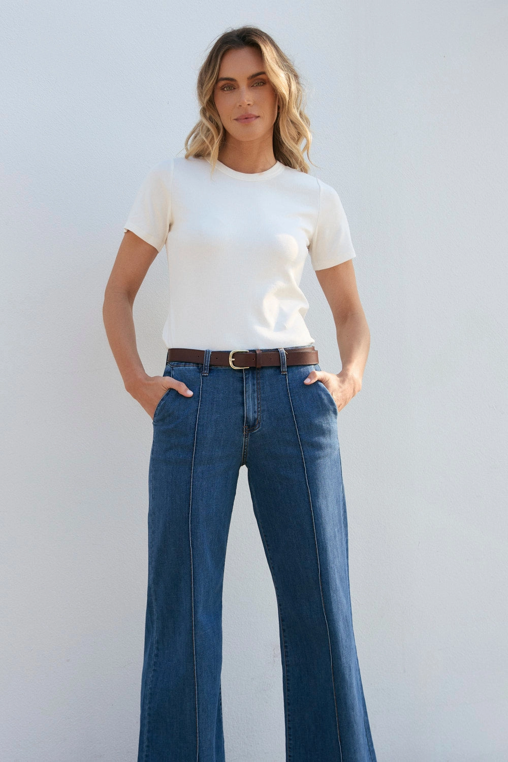 Classic Beach Day Travel Outfit Adrift Denim Wide Leg Jeans in Mid Wash