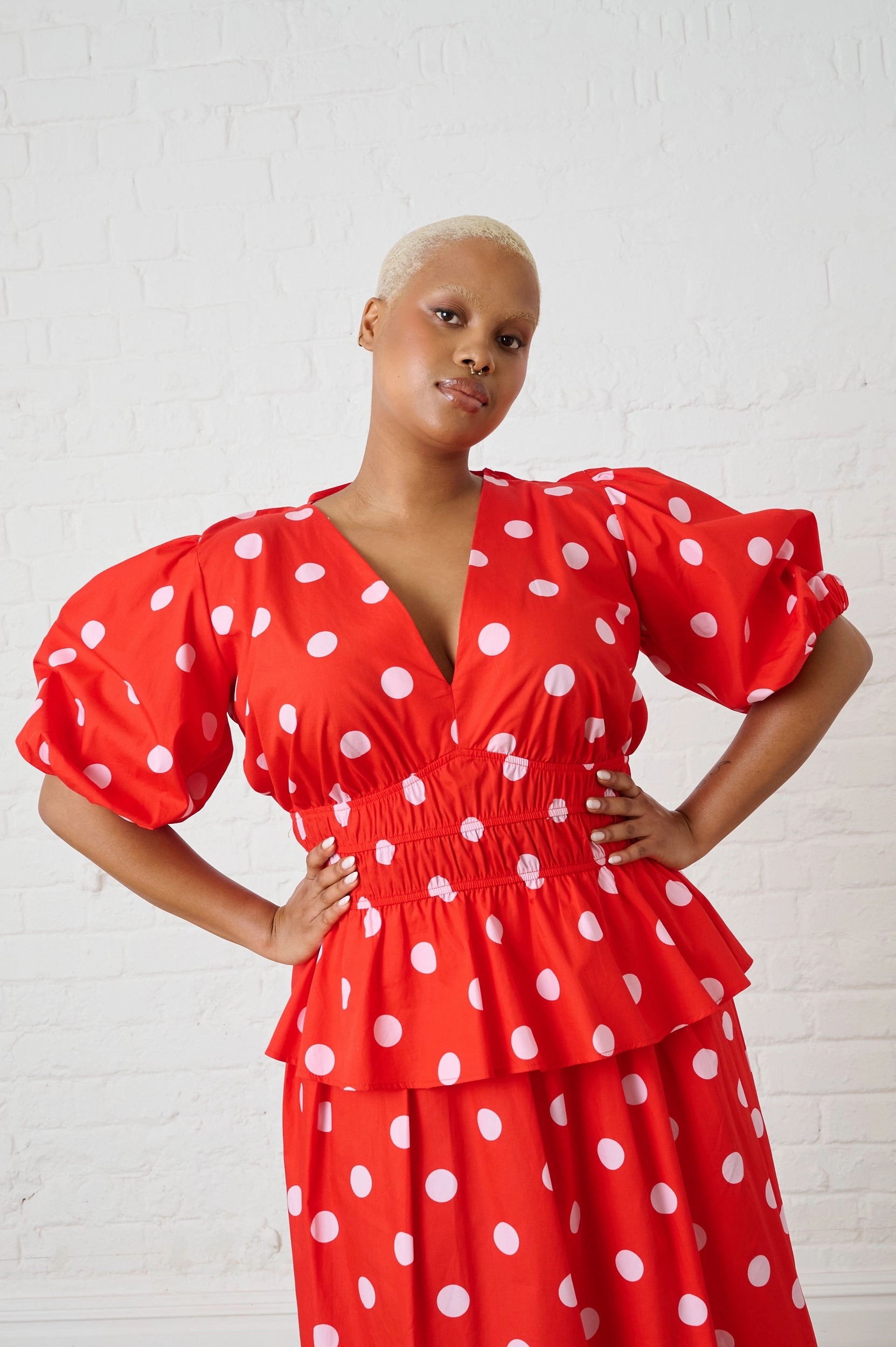 Cotton Top in Pink Spot Adjustable Cuff No Iron Fabric