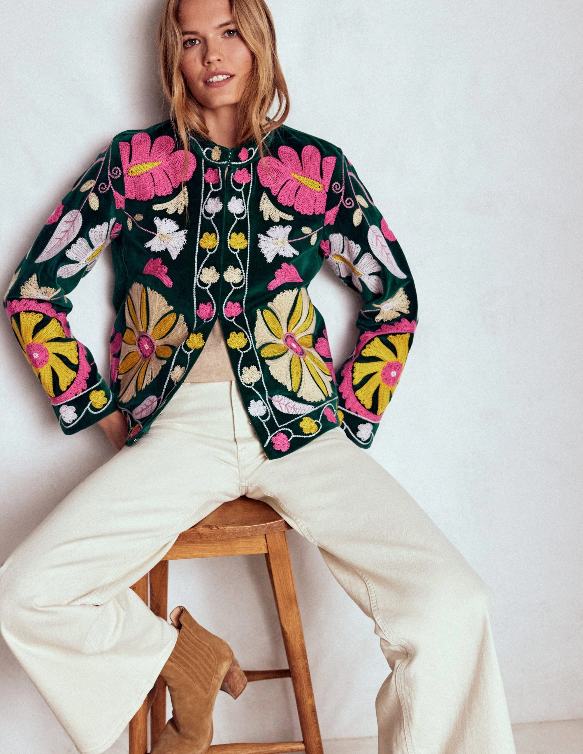 Tailored Silhouette Embroidered Souvenir Jacket-Emerald Night Embroidery