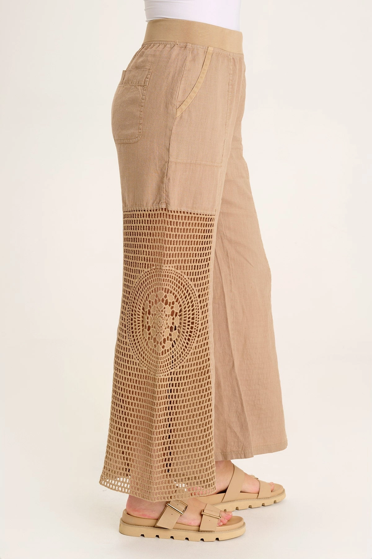 Comfort-First WrinkleFreeFabric Tangent Linen/Crochet Wide Leg Pant