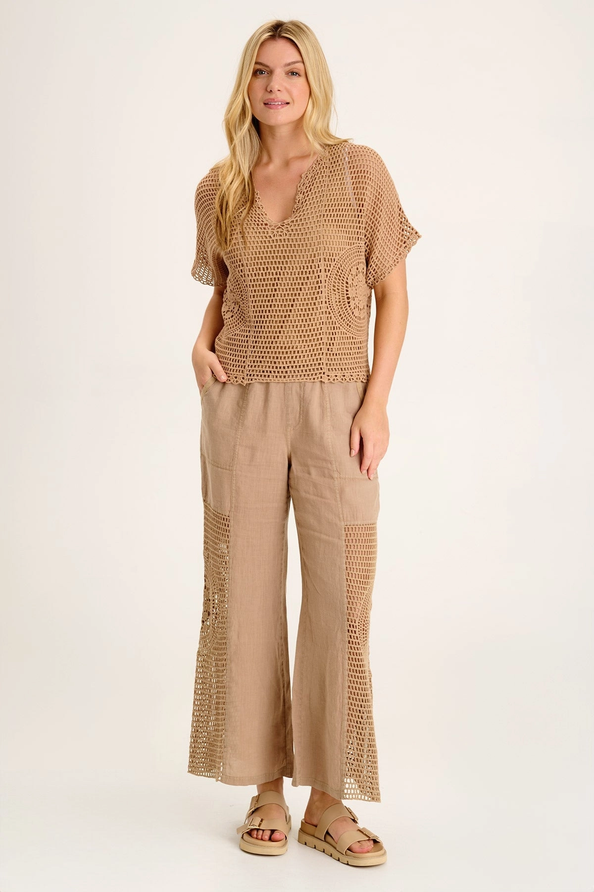 Tangent Linen/Crochet Wide Leg Pant Body Contour Layering Comfort