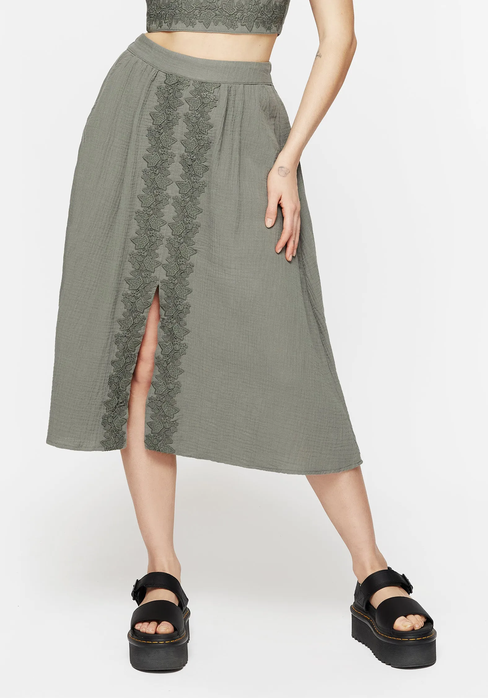 Simple Fashion Alder Cotton Ivy Detail Midi Skirt