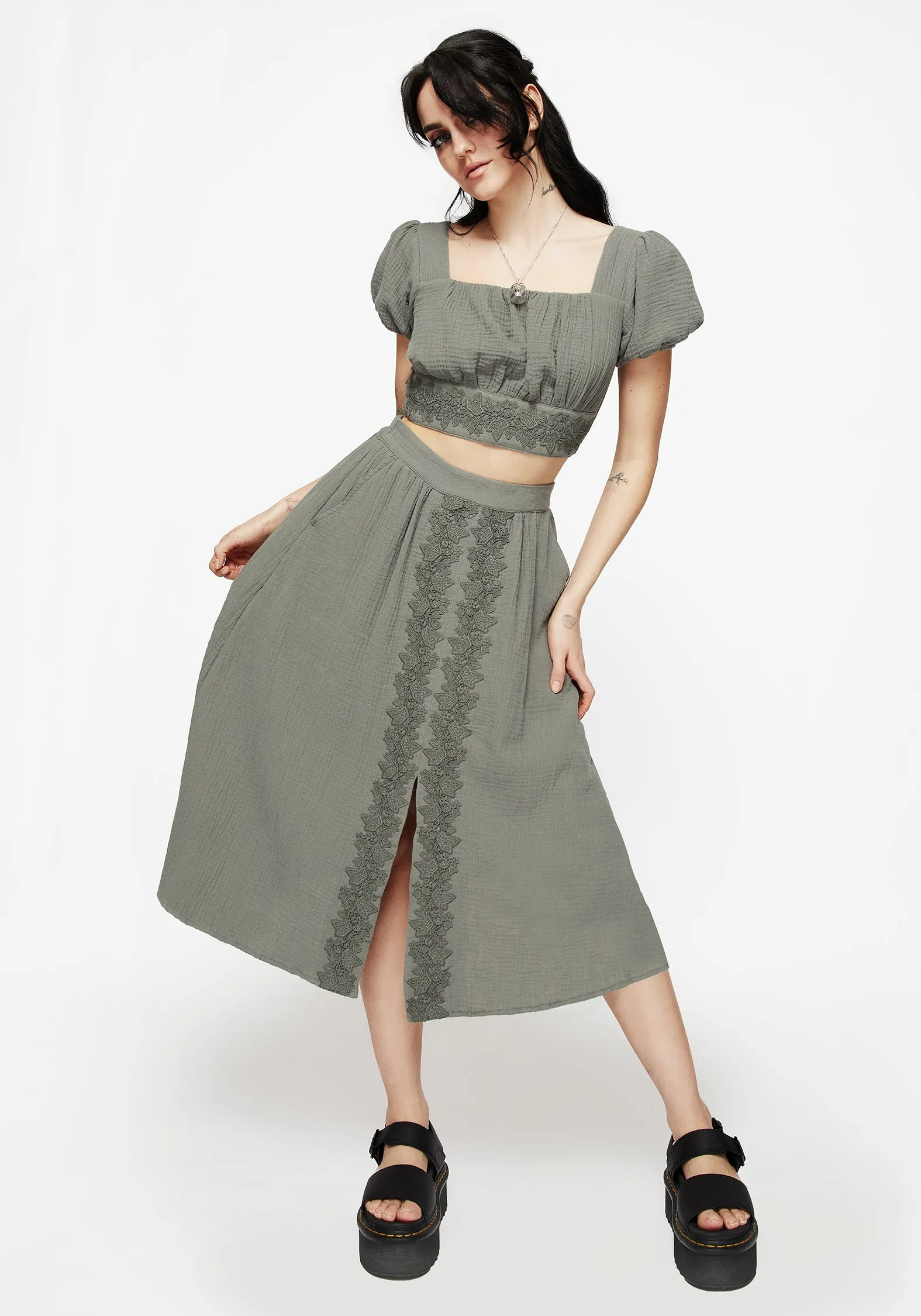 Alder Cotton Ivy Detail Midi Skirt Geometric Print