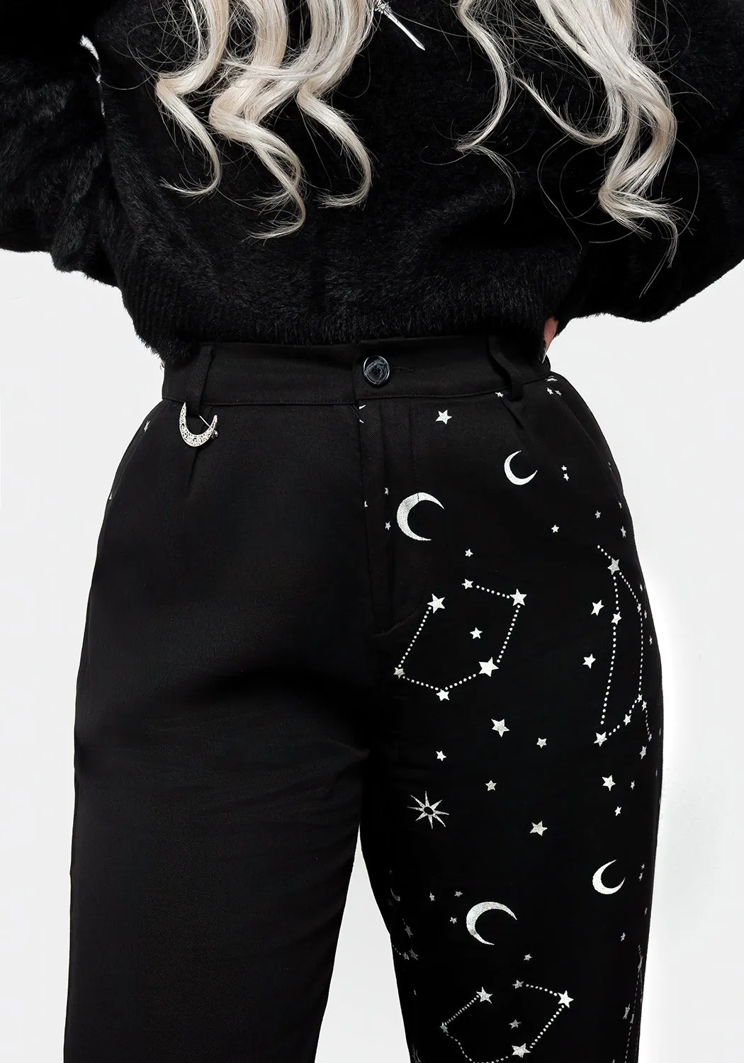 Anti Static Fabric Refined fit Silver Celestial Print Spliced Tapered Trousers