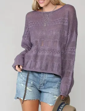 Open-Knit Cotton-Blend Sweater In Purple Casual Chic