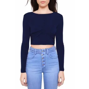 Stretch Twist Wrap Front Long Sleeve Crop Top Sweater In Navy Blue Chilly Knitwear