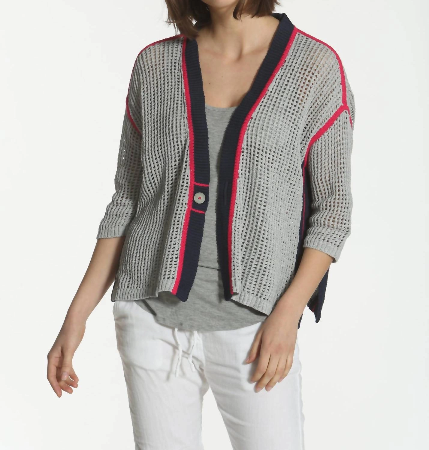 Knitted Look Chic Style Women's Refresh Cardigan In Grey/navy