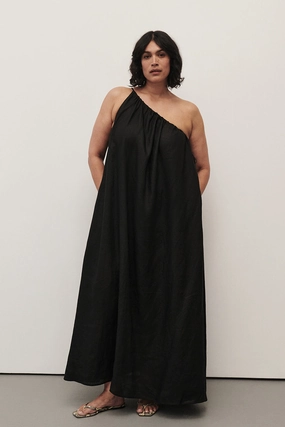 Classic Layering ALMA BLACK ASYM LINEN MIDI DRESS