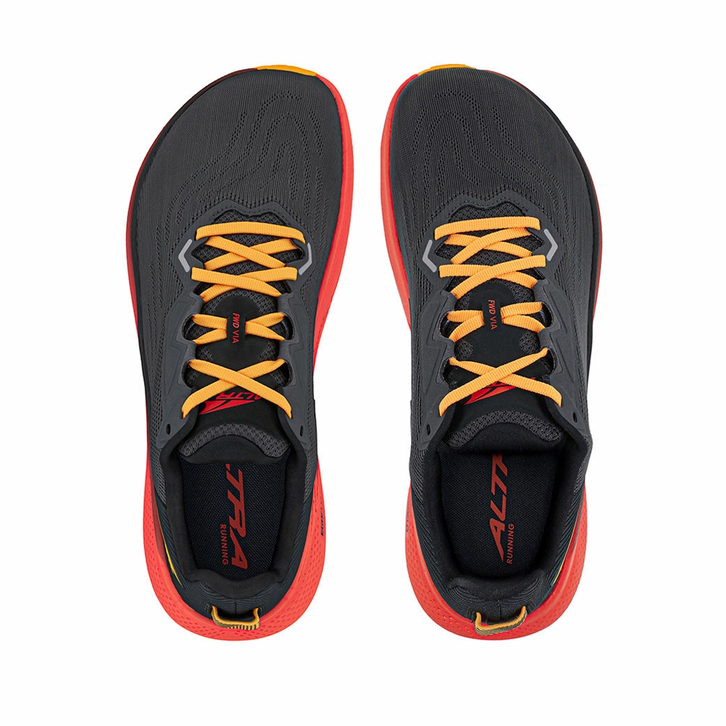 Altra Men's FWD VIA Running Shoes Black / Orange Unibody Upper Construction Reflective Safety Details