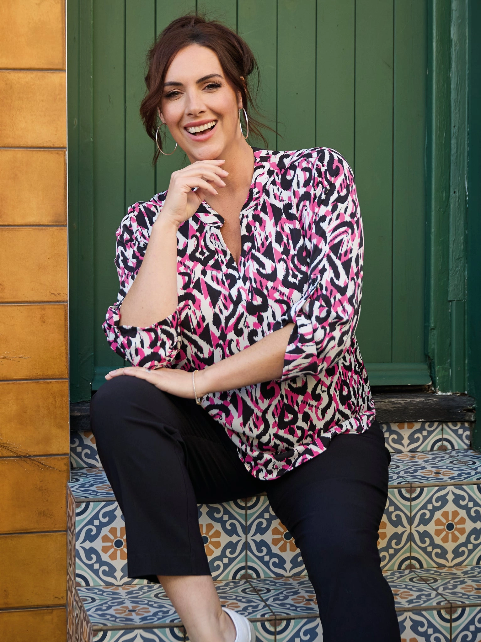 Recycled Polyester Blend Amelia Crepe Top - Black/Pink