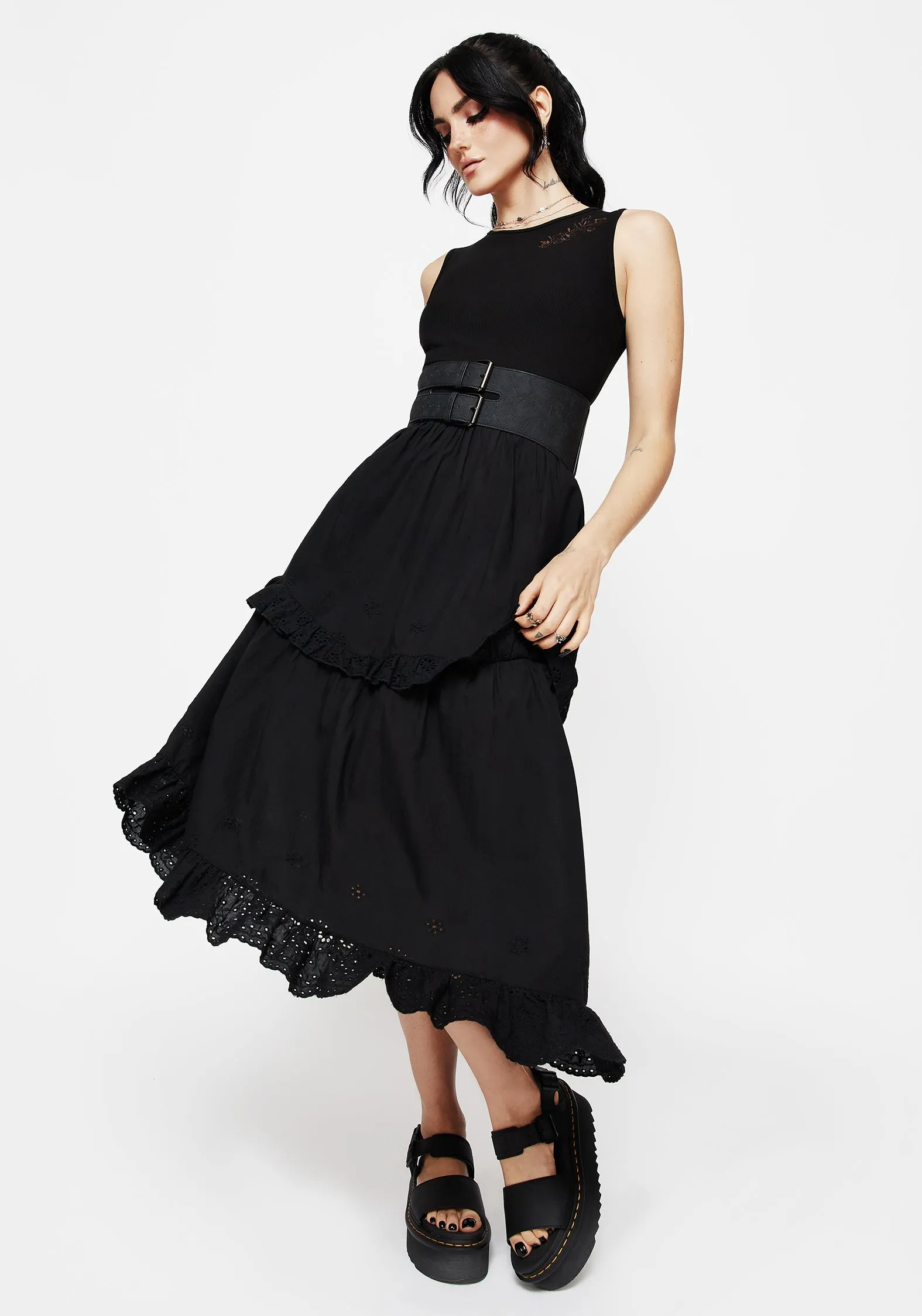 Work-to-Play Wear Soft Texture Laveau Embroidered Broderie Midi Dress