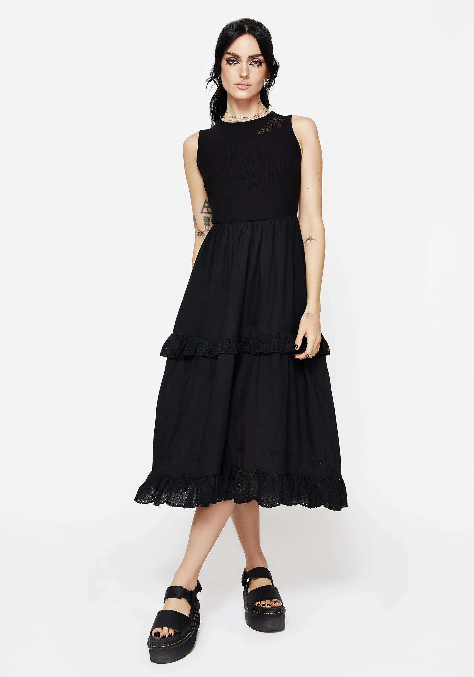 Laveau Embroidered Broderie Midi Dress Chic Energy