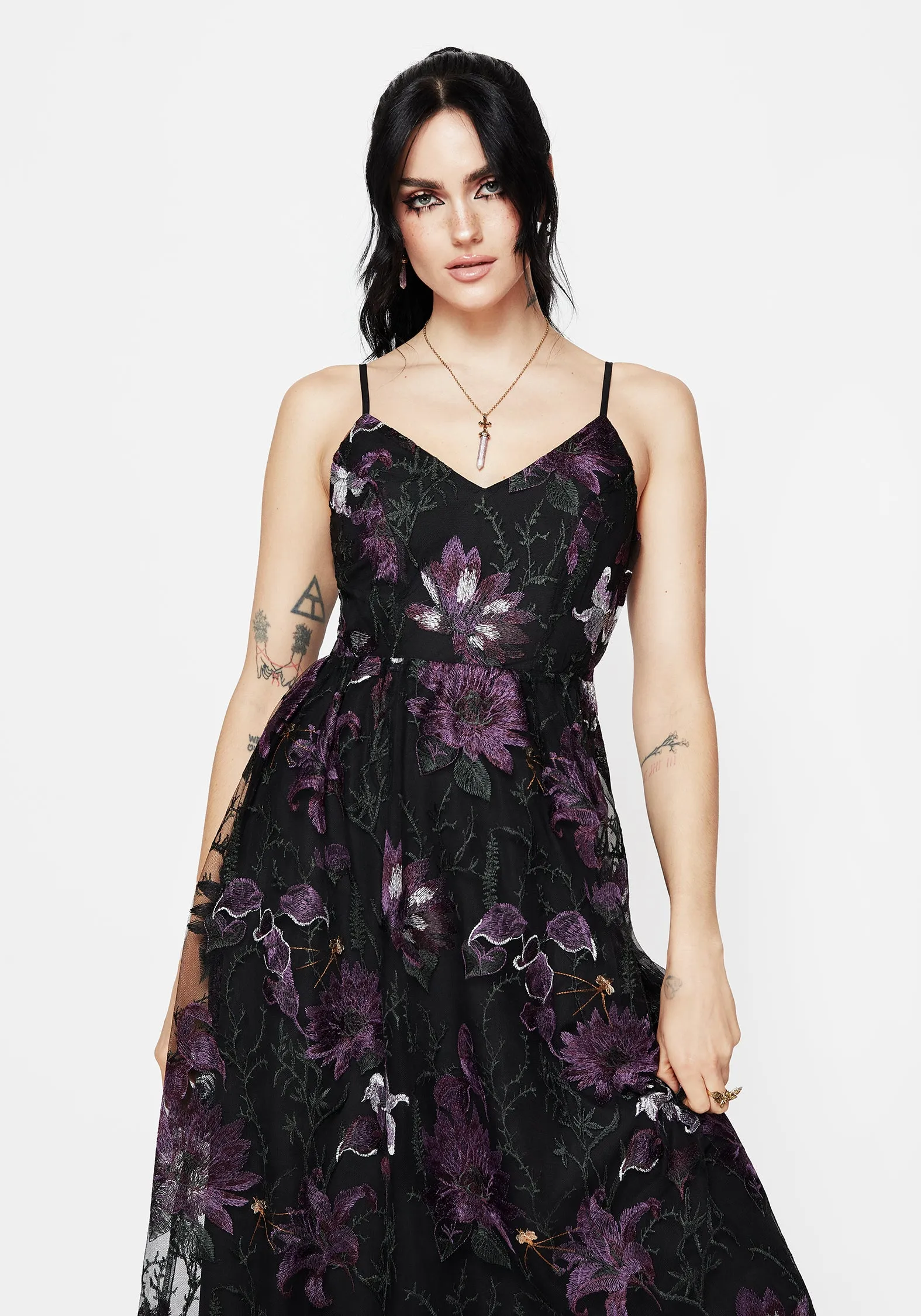 Elastic Fit Global Style Estrid Embroidered Mesh Midaxi Cami Dress