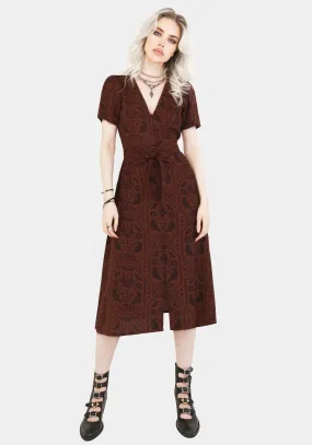 Annabel Raven Print Button Up Midi Dress - Rust Influencer-Style Anti-bacterial