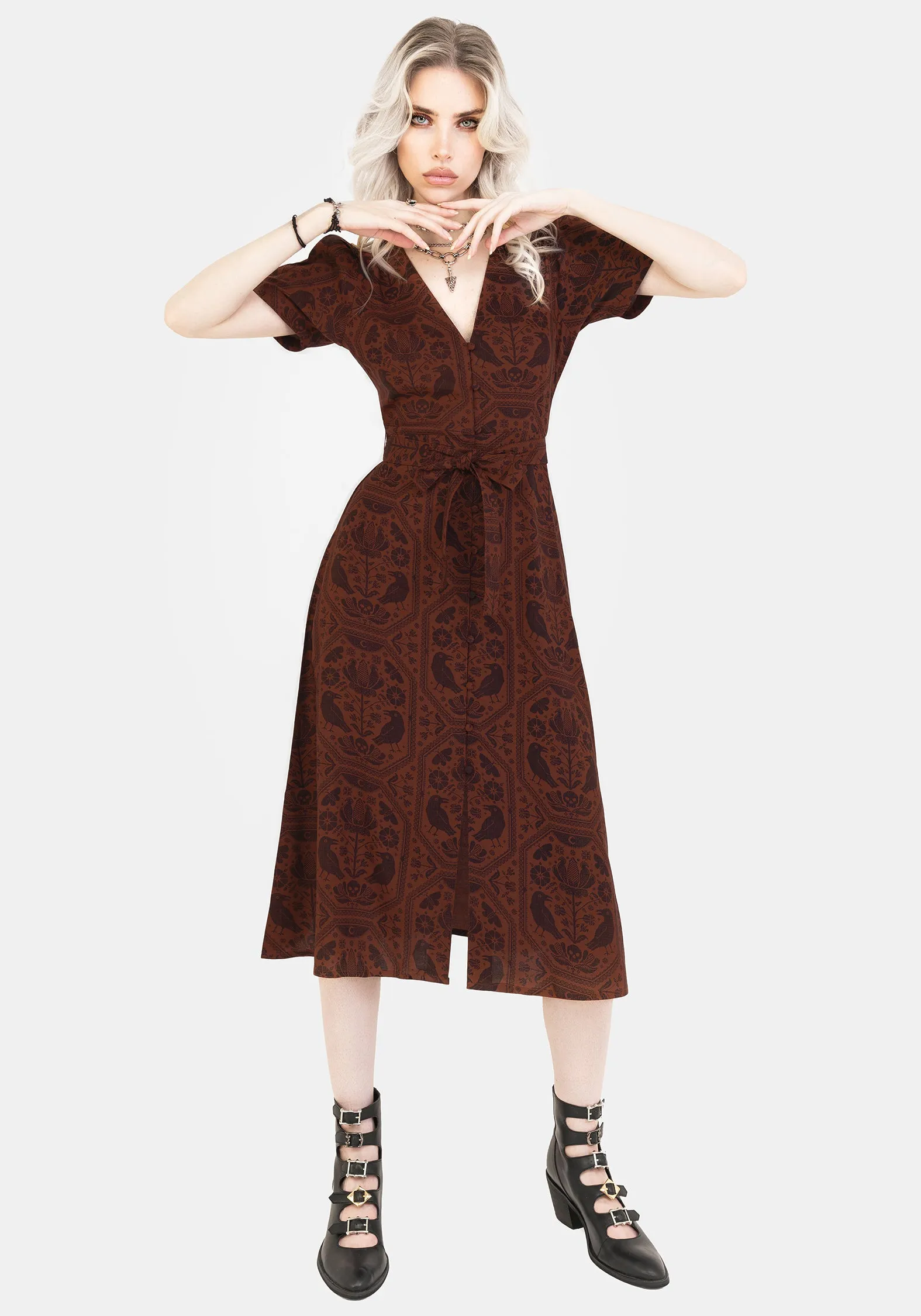 Annabel Raven Print Button Up Midi Dress - Rust Kind Glow Side Pleats