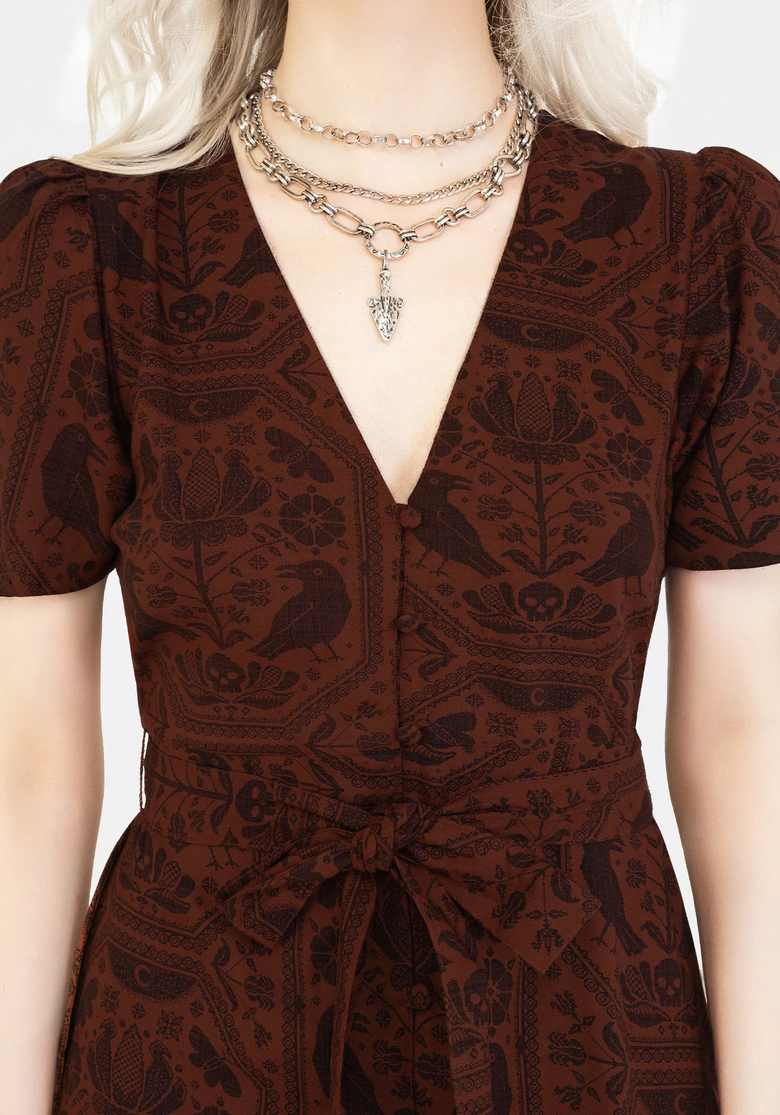 Annabel Raven Print Button Up Midi Dress - Rust Stylish Layering Inclusive Fit