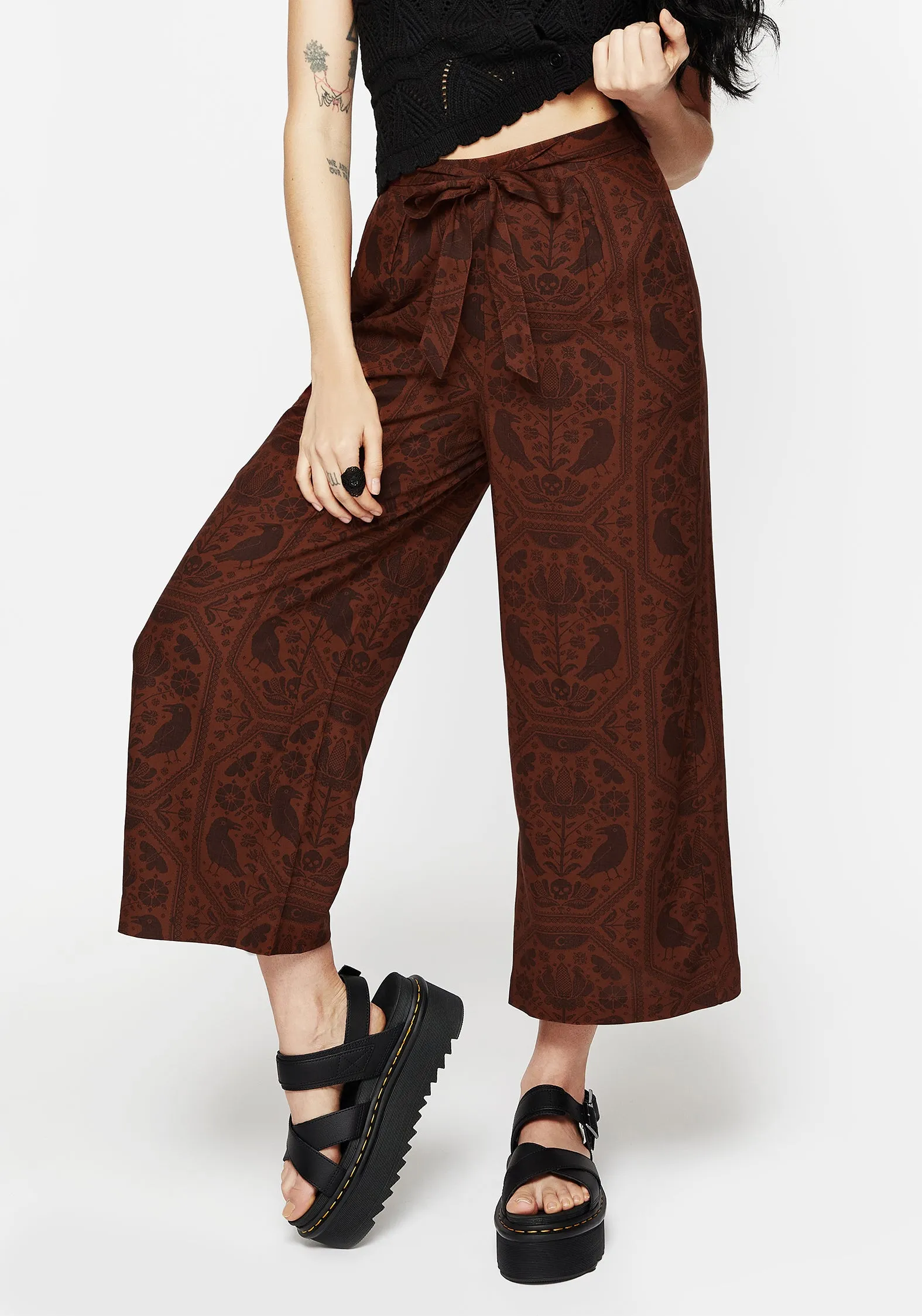 Ultra Soft Inner Layer Form Fitting Annabel Tie Waist Wide Leg Culotte Trousers - Rust