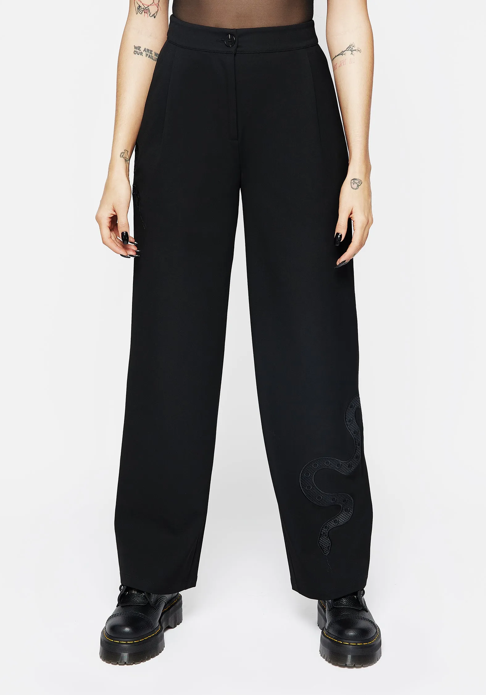 Double Layered Hem Minimal Vibe Slither Snake Embroidered Tailored Trousers