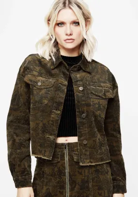 Diabolical Cord Woodcut Print Crop Shacket High Visibility Trims MagneticClosureSystem