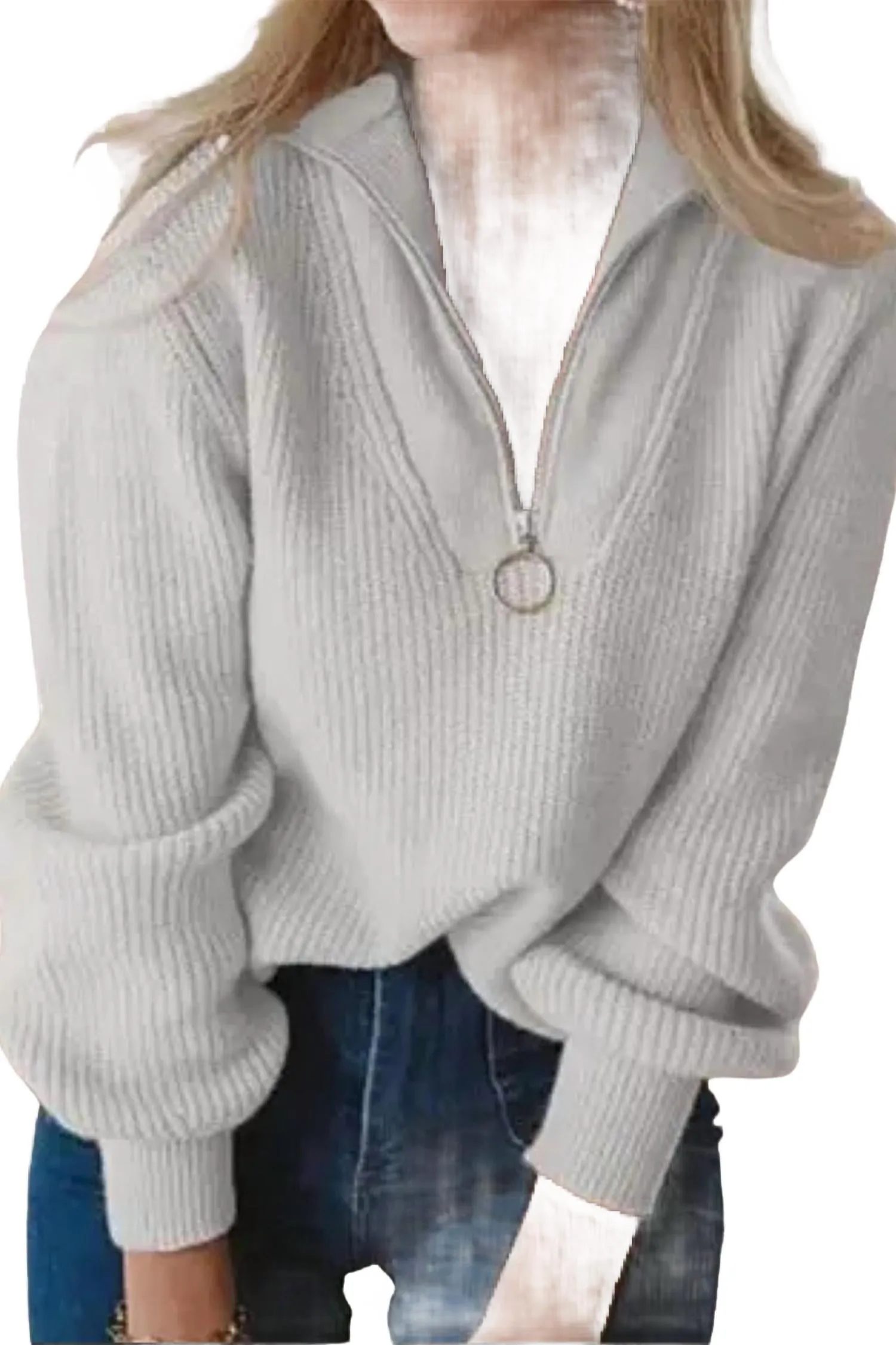 Ribbed-Knit Half-Zip Sweater In Grey Warm Wardrobe