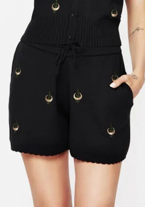 Casual Flex Fit Liana Moon Leaf Embroidered Knit Shorts