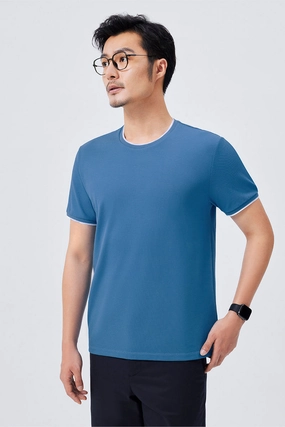 VISDRY? Contrast Rib Crew Neck T-Shirt | Blue T7468U Lightweight Comfort